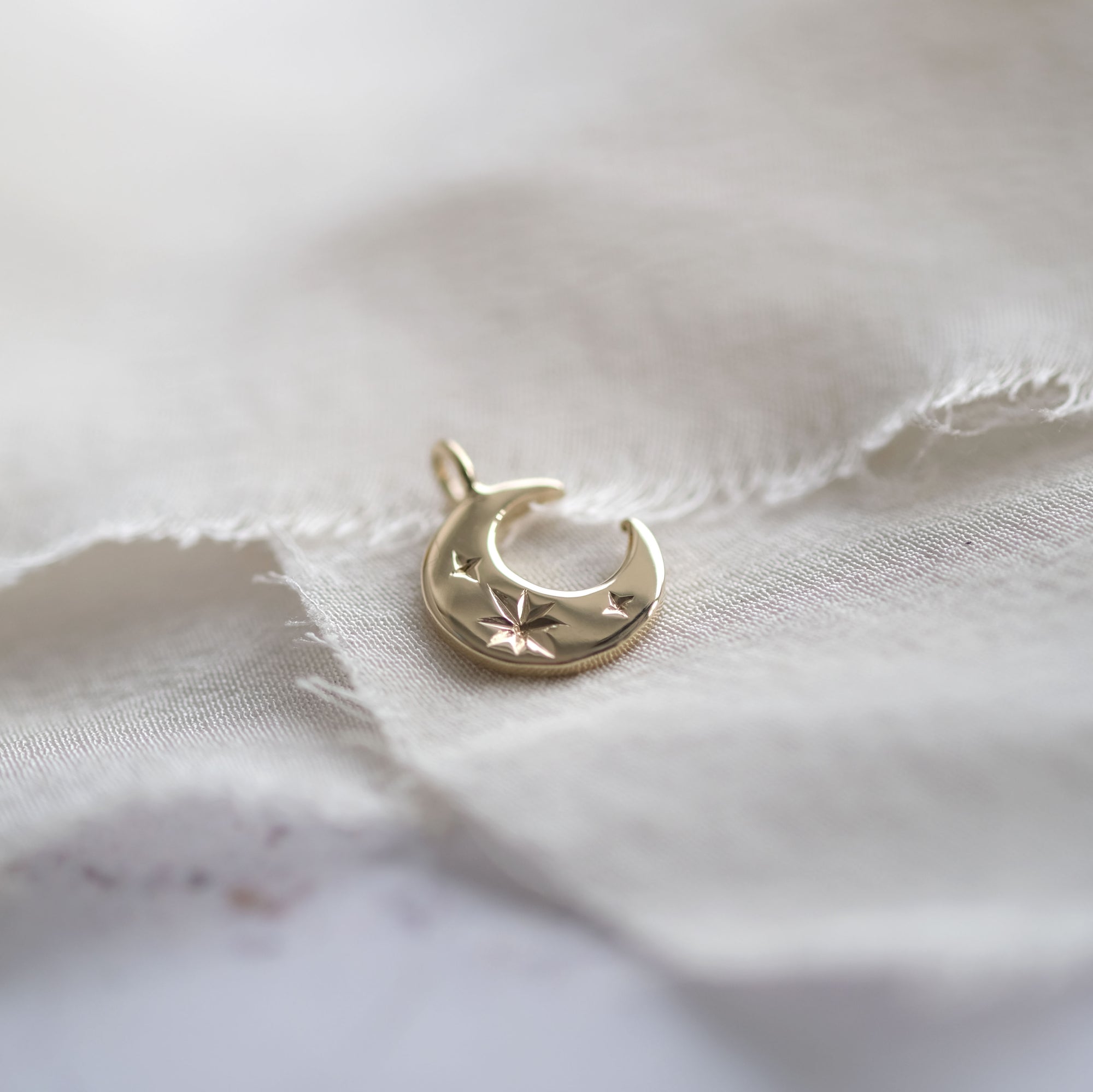 Star Engraved Moon Pendant in Solid Gold