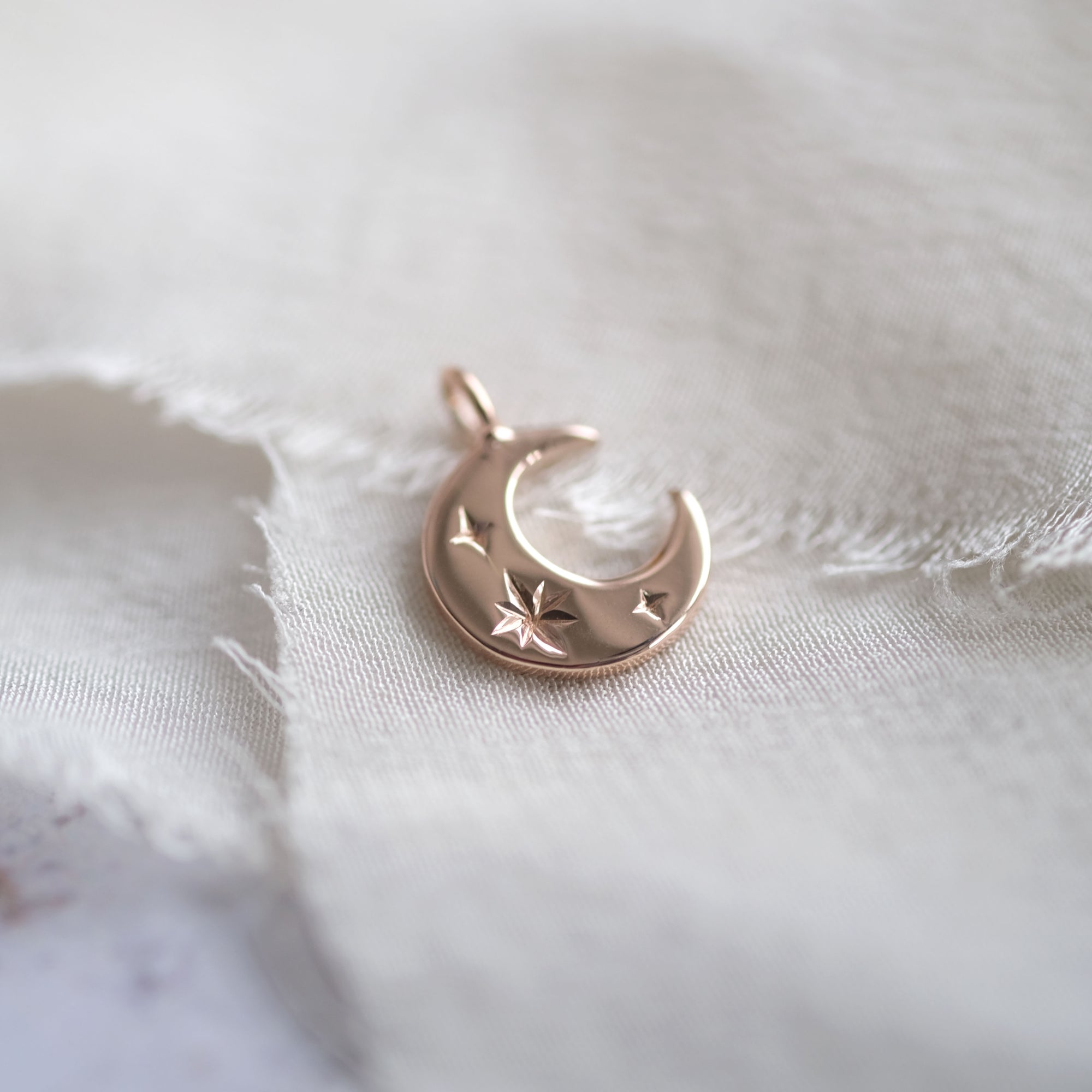 Star Engraved Moon Pendant in Solid Gold