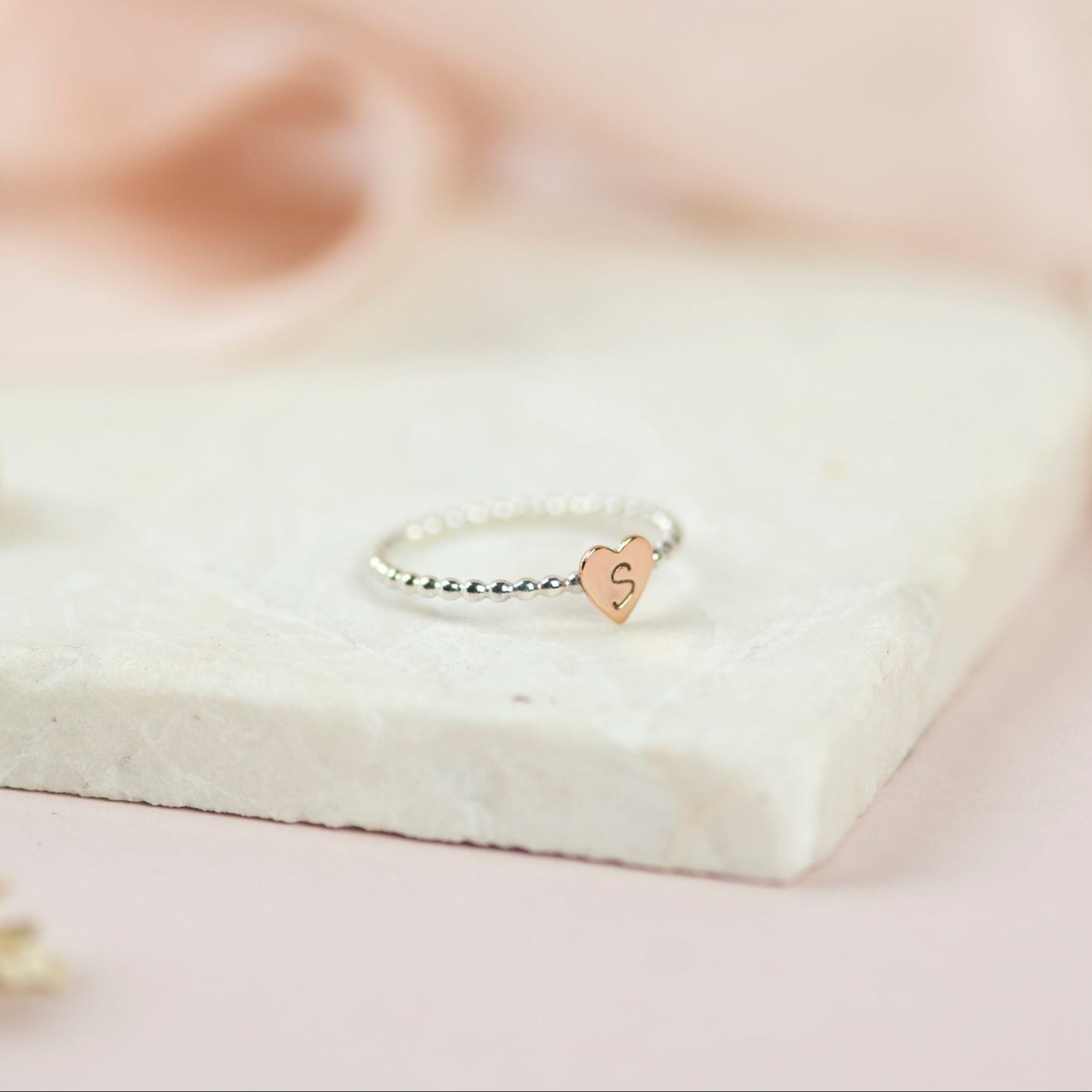 Sterling Silver Beaded Ring with Solid Rose Gold Accent Heart - UK Q