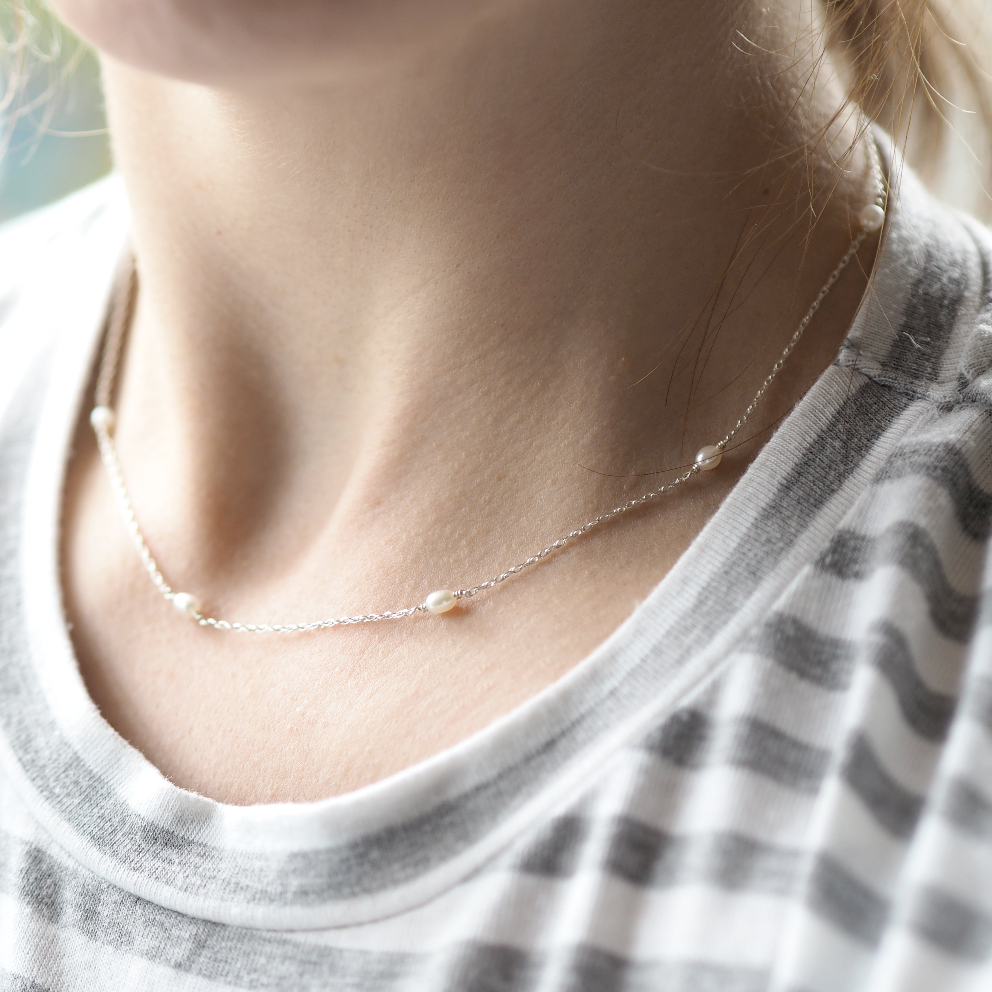 Dainty Pearl Choker Necklace in Sterling Silver