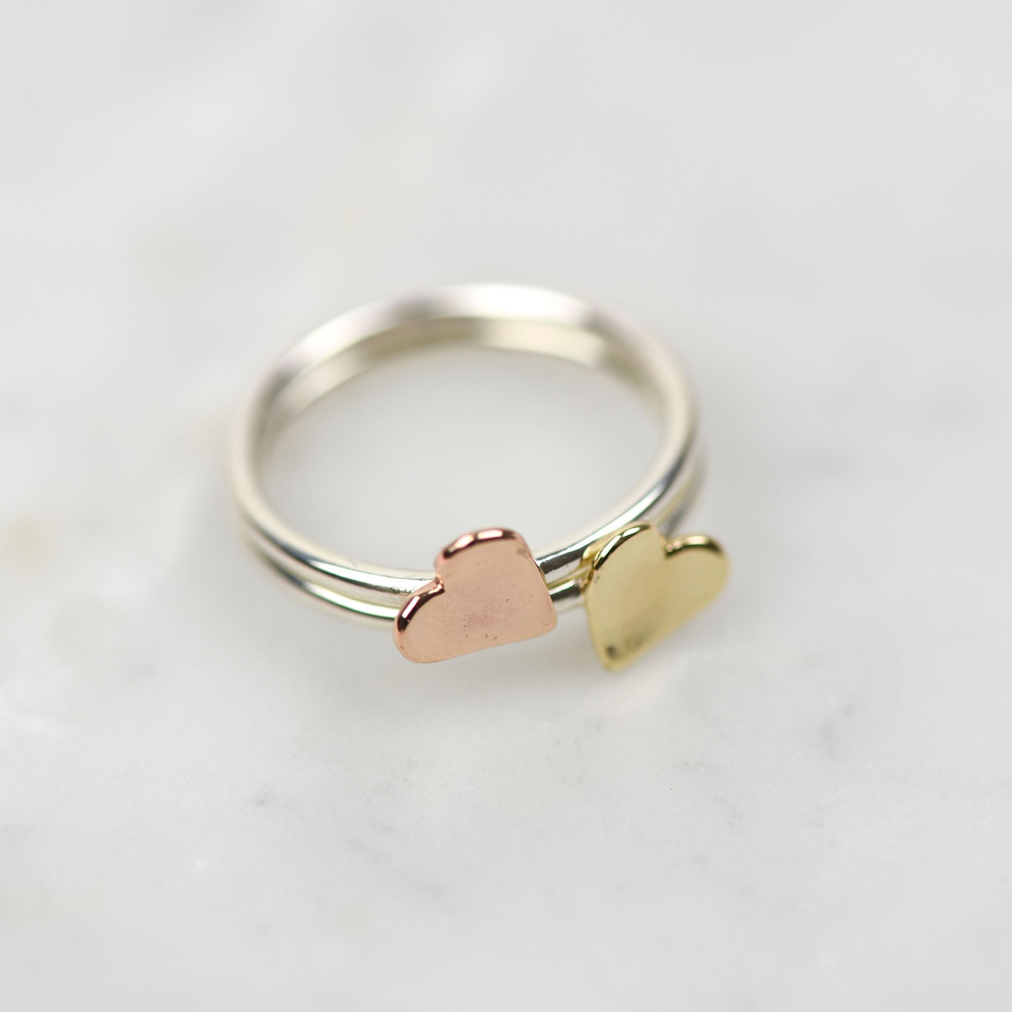 Heart Stacking Ring Duo in Solid Sterling Silver & 9ct Gold