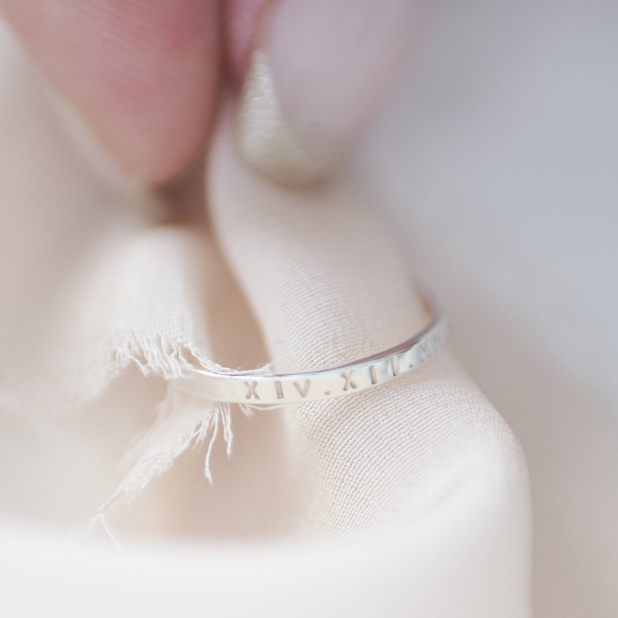 Slim Personalised Roman Numeral Stacking Ring in Sterling Silver