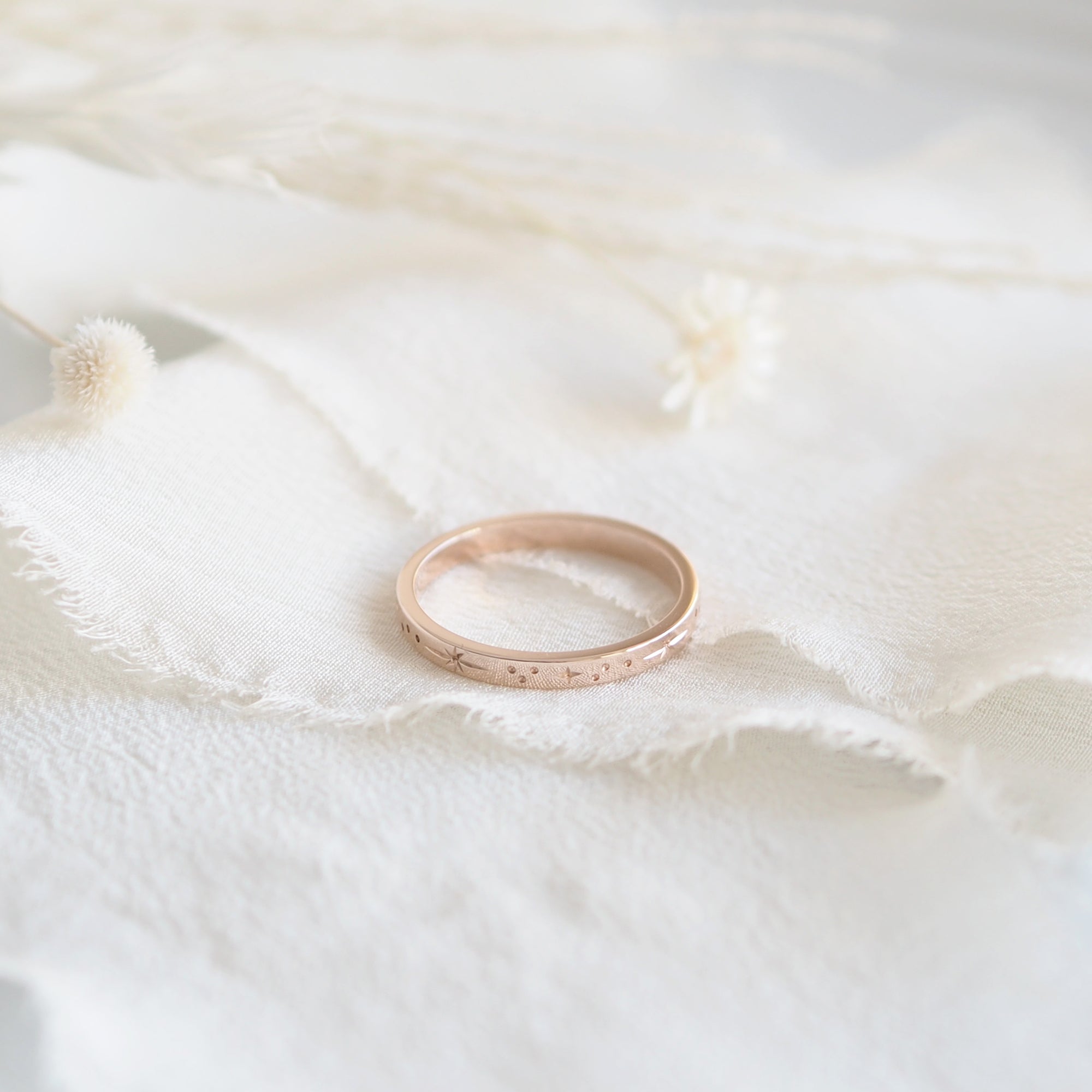 Star Engraved Flat Profile Ring Band in Solid Rose Gold
