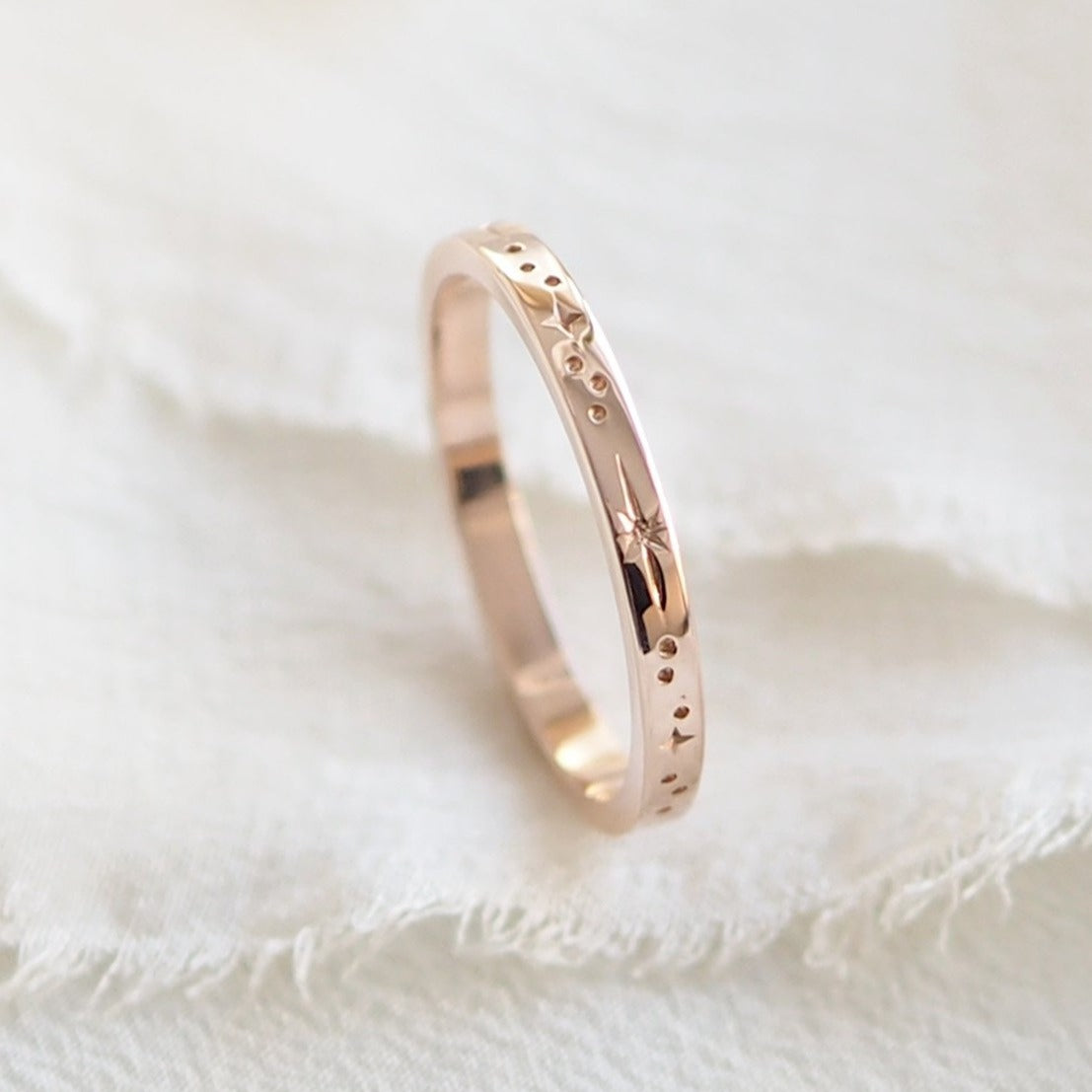 Star Engraved Flat Profile Ring Band in Solid Rose Gold
