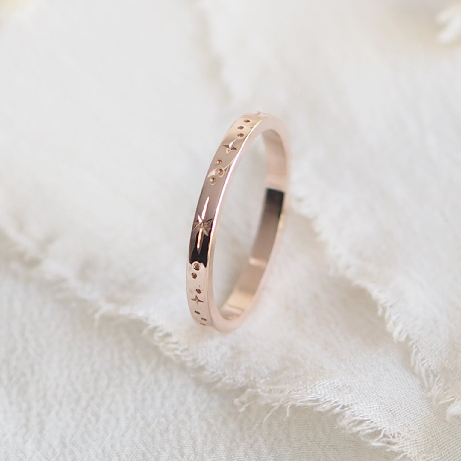 Star Engraved Flat Profile Ring Band in Solid Rose Gold