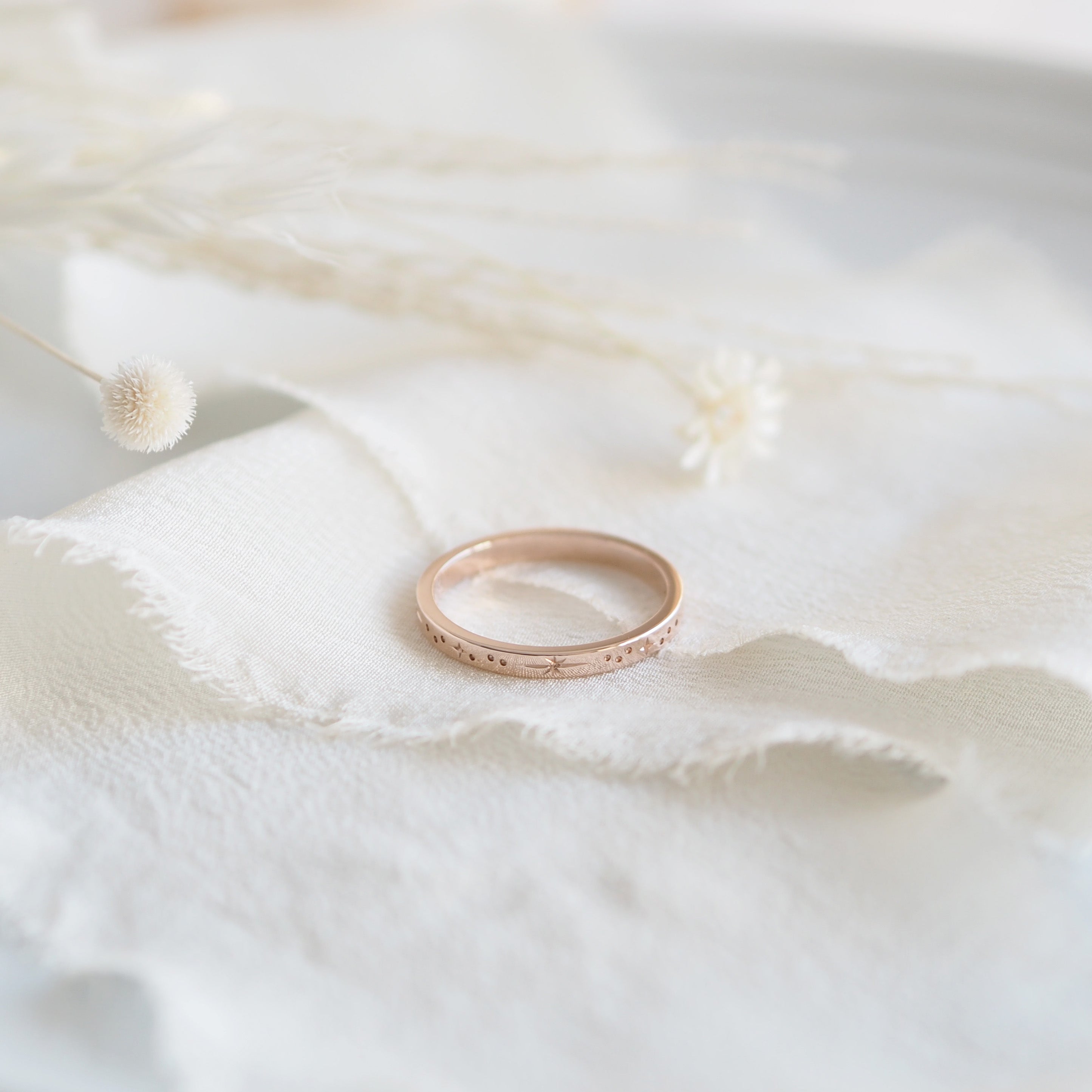 Star Engraved Flat Profile Ring Band in Solid Rose Gold