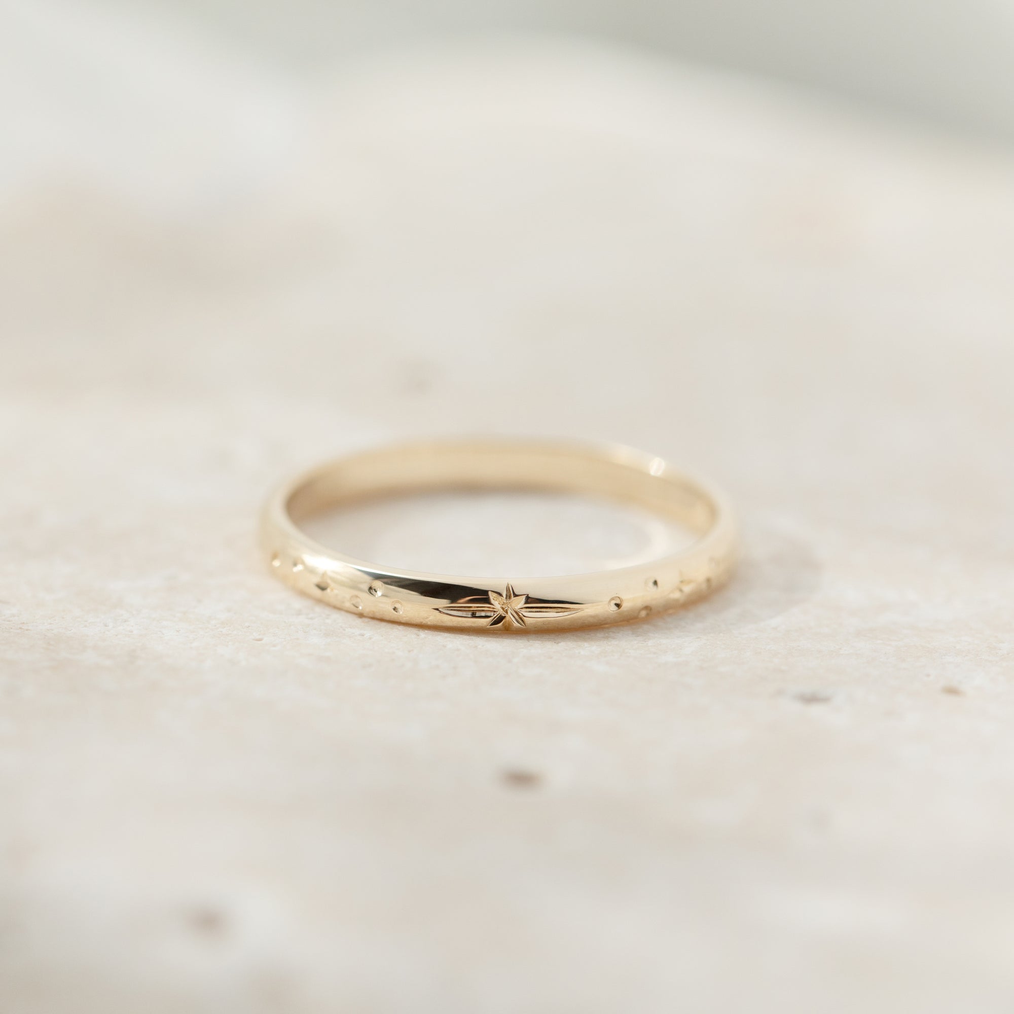 Star Engraved Ring Band in Solid Yellow Gold