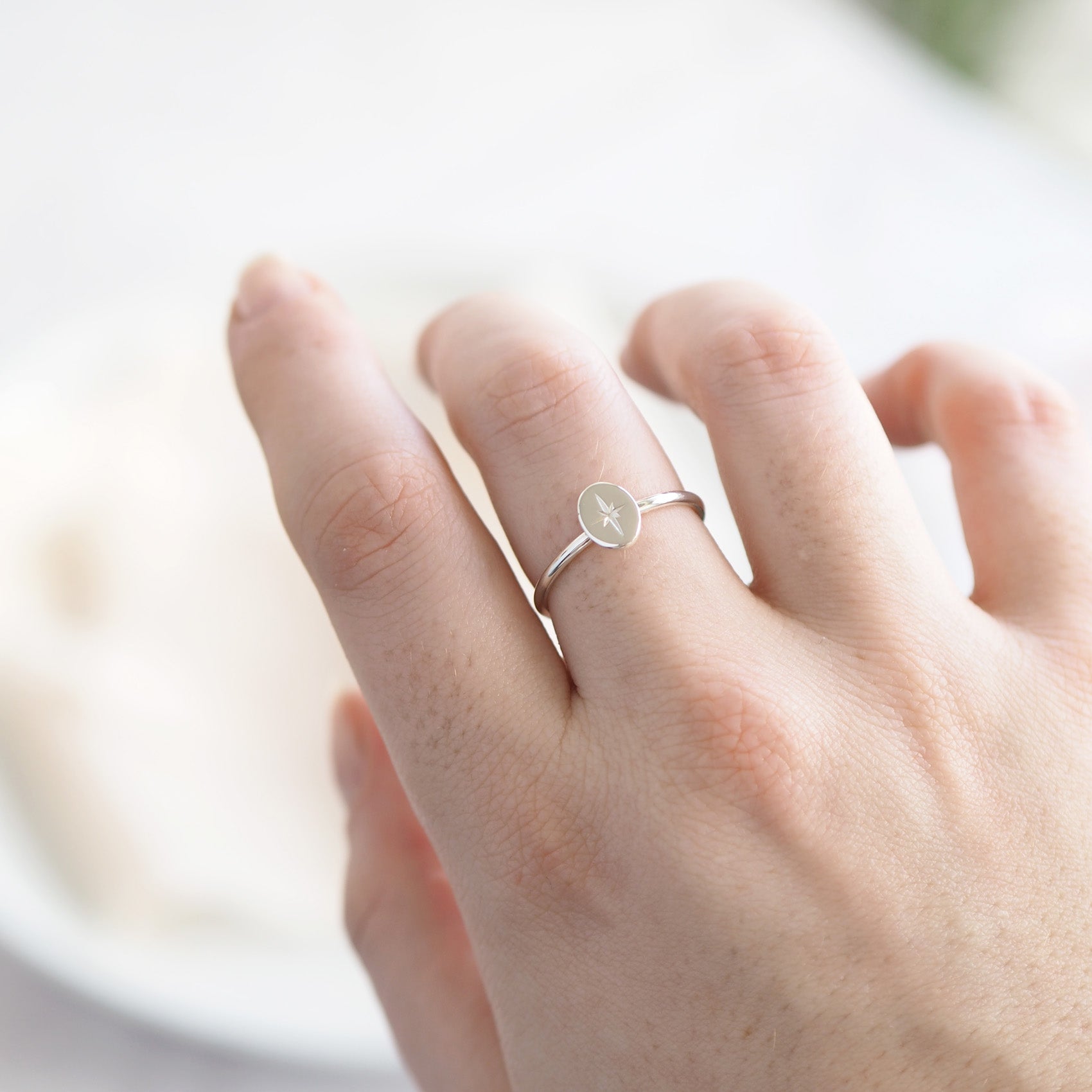 Engraved Oval Star Ring in Sterling Silver