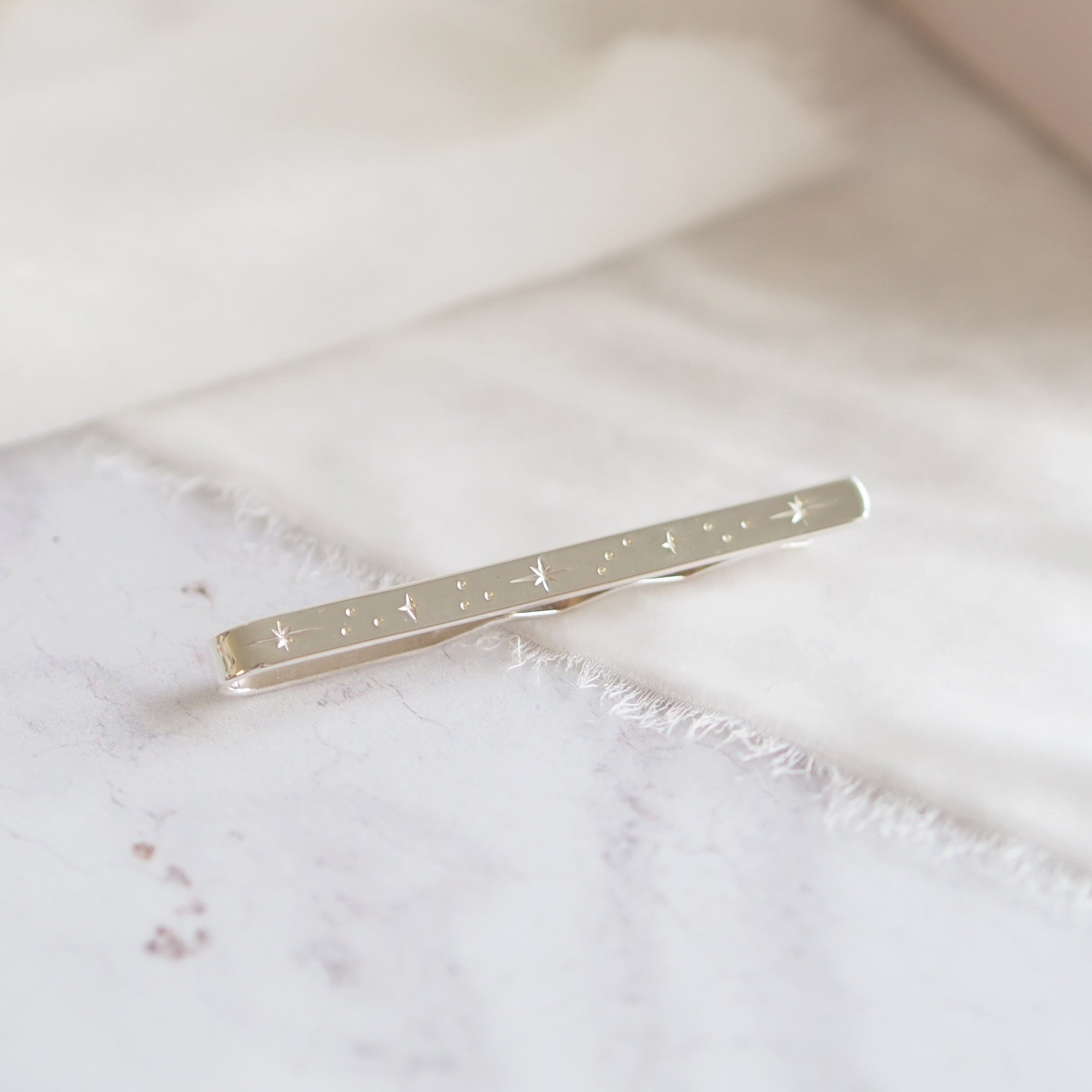 Hand Engraved Constellation Tie Slide in Sterling Silver