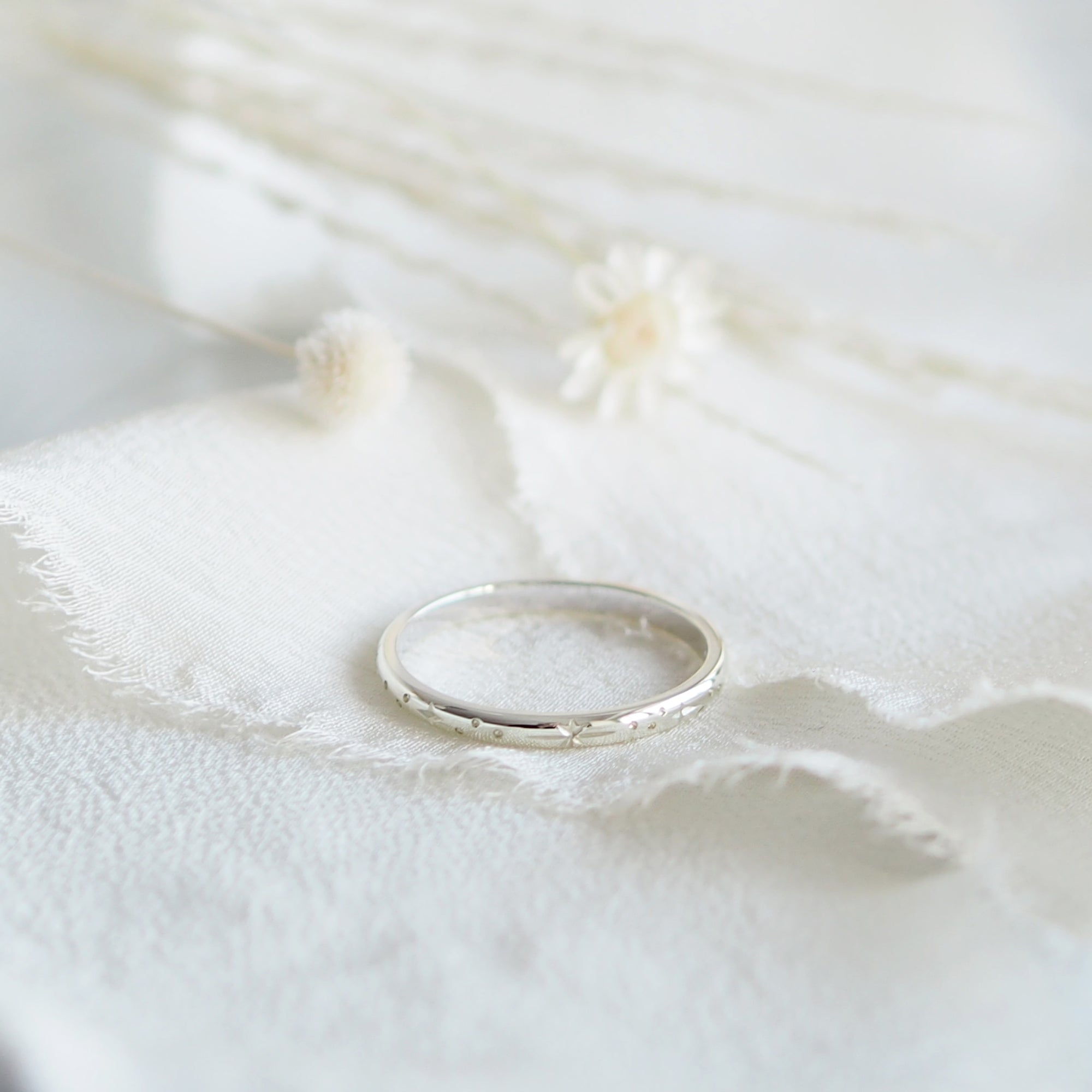 Star Engraved Ring Band in Solid 9ct or 18ct White Gold