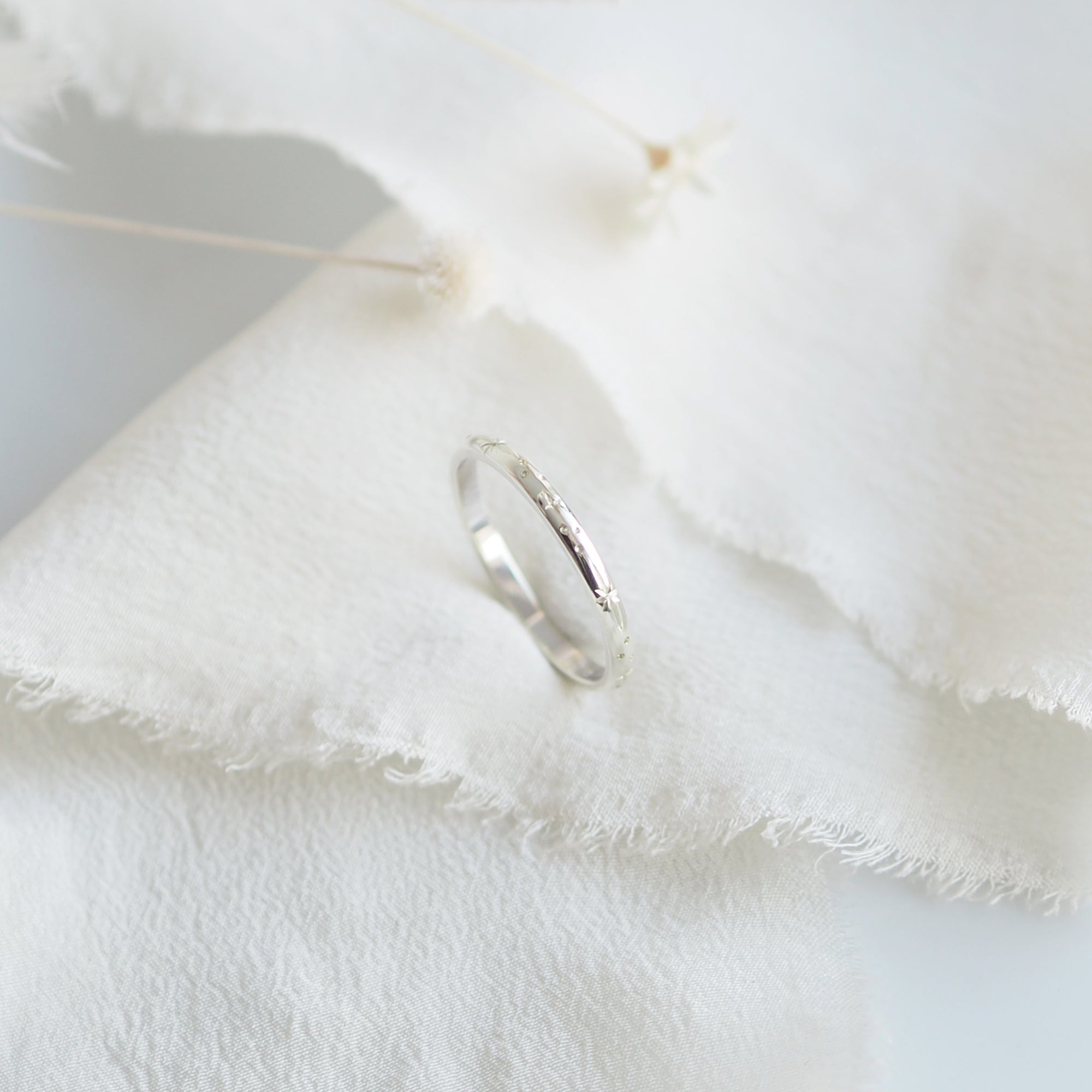 Star Engraved Ring Band in Solid 9ct or 18ct White Gold