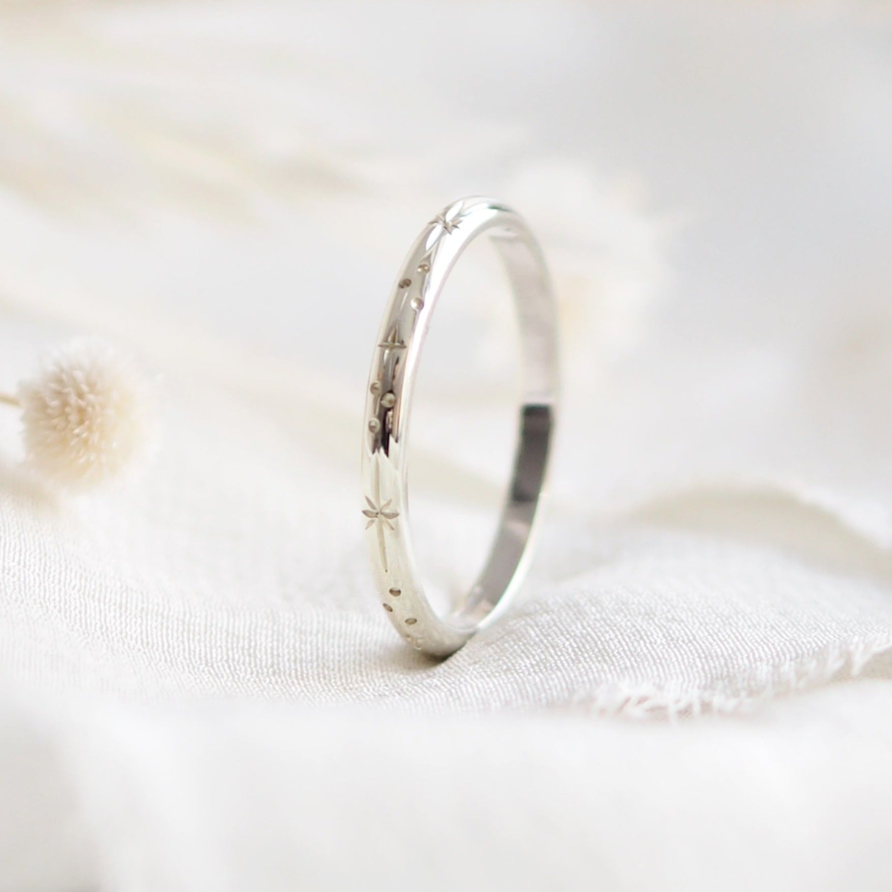 Star Engraved Ring Band in Solid 9ct or 18ct White Gold