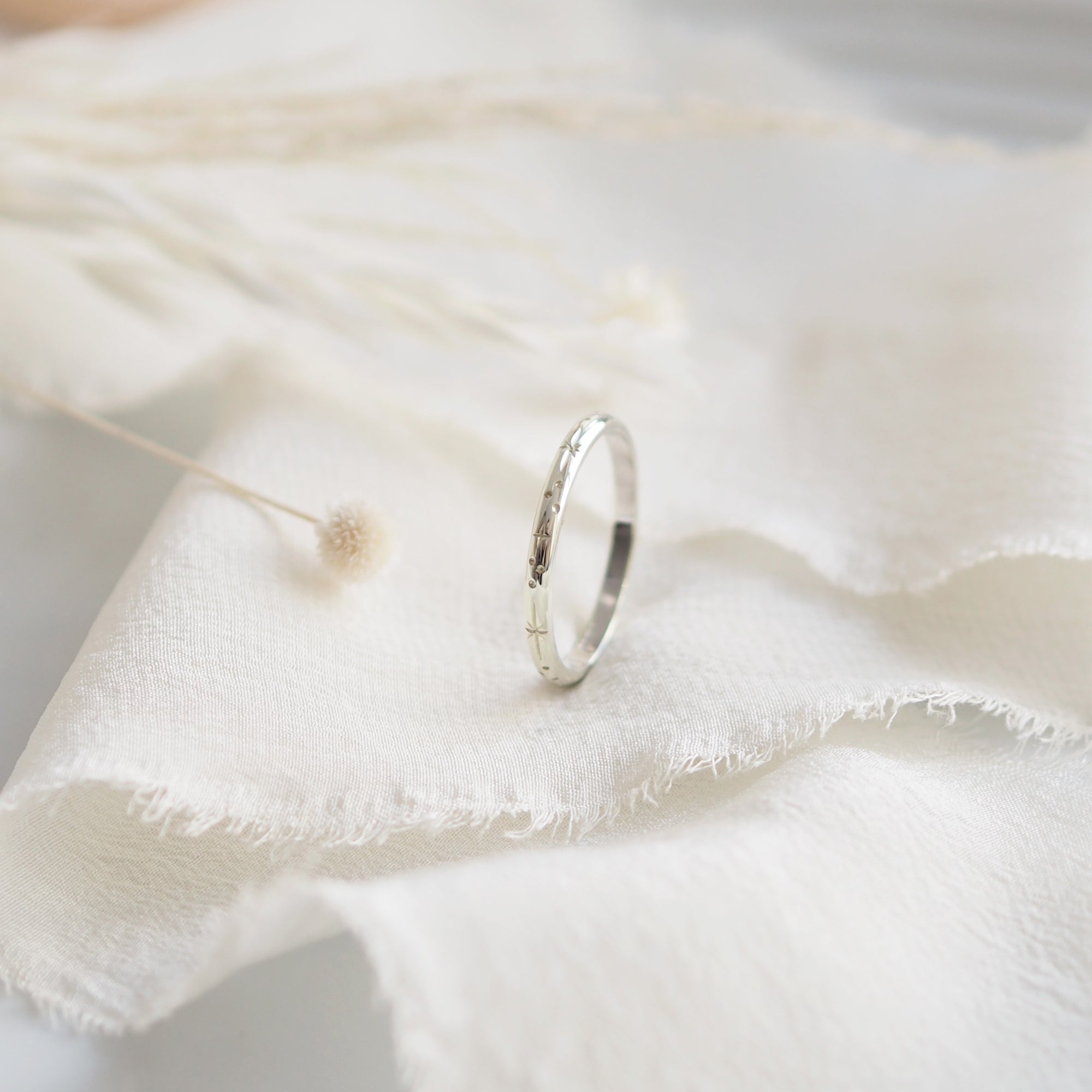 Star Engraved Ring Band in Solid 9ct or 18ct White Gold