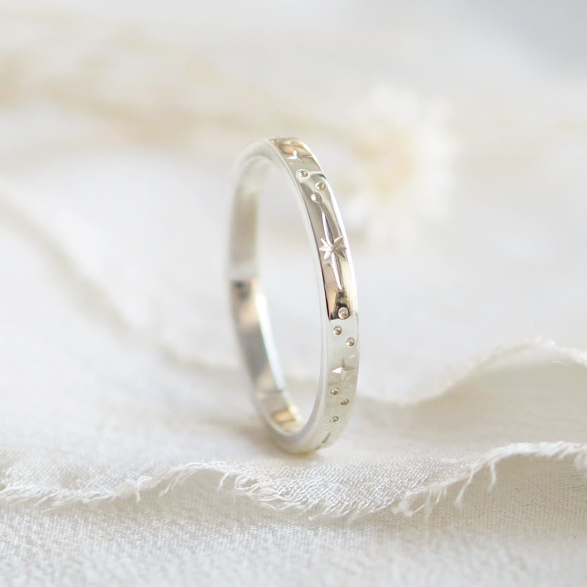 Star Engraved Flat Profile Ring Band in Solid 9ct or 18ct White