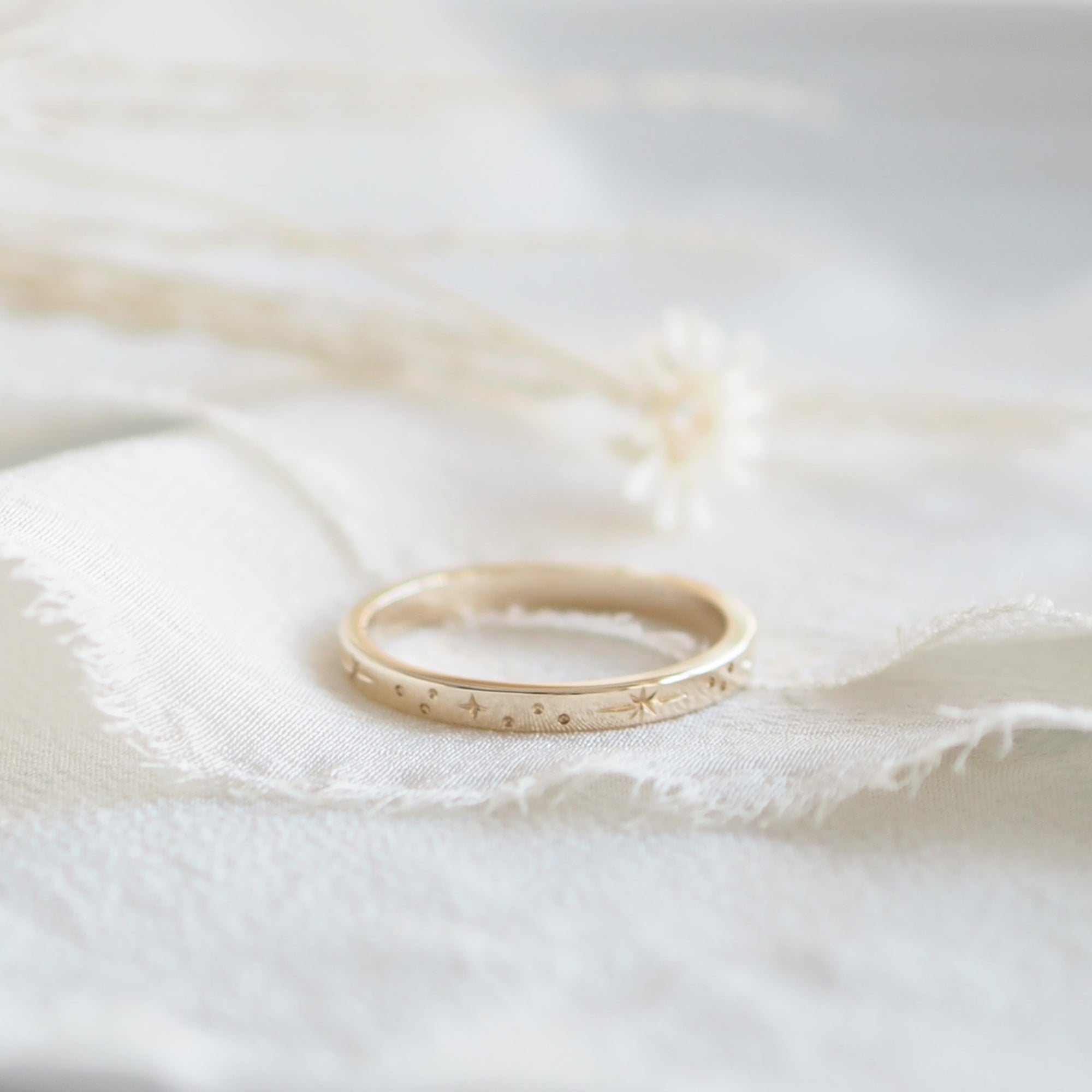 Star Engraved Flat Profile Ring Band in Solid Yellow Gold