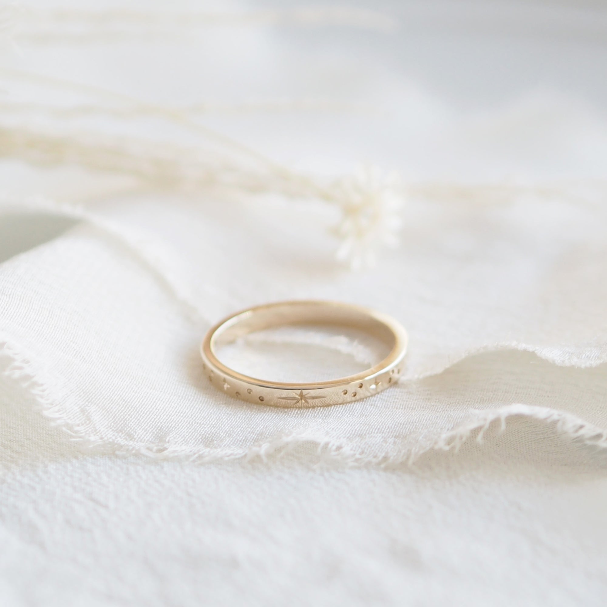 Star Engraved Flat Profile Ring Band in Solid Yellow Gold