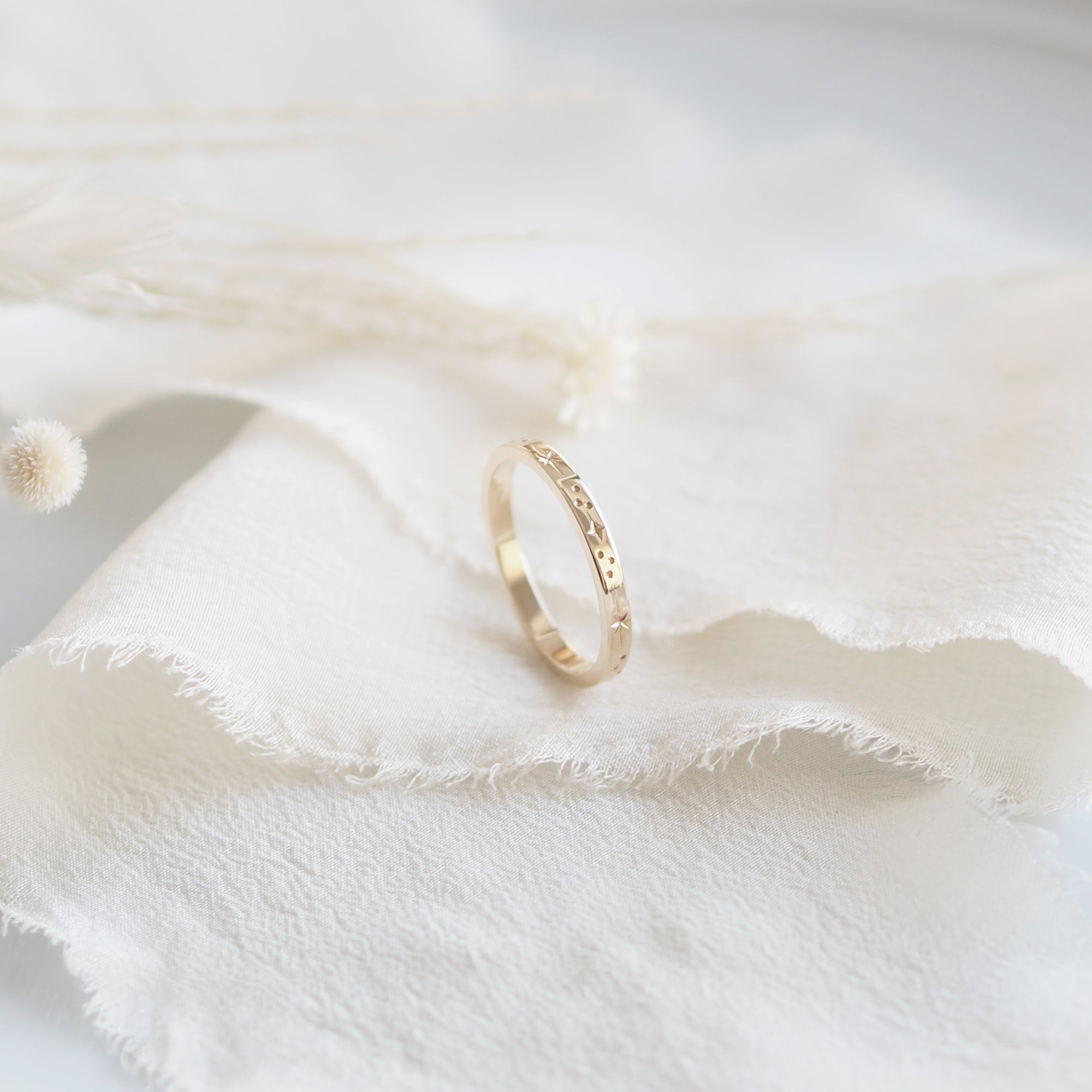Star Engraved Flat Profile Ring Band in Solid Yellow Gold