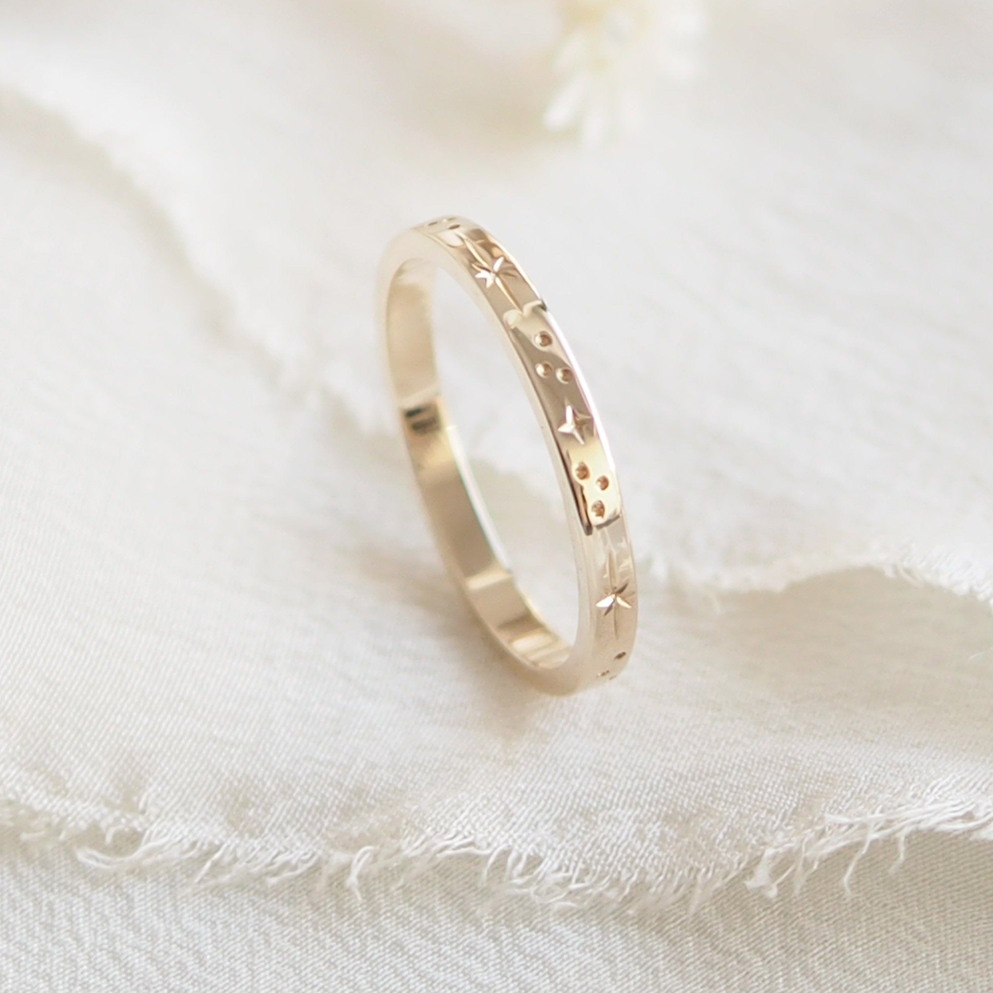 Star Engraved Flat Profile Ring Band in Solid Yellow Gold