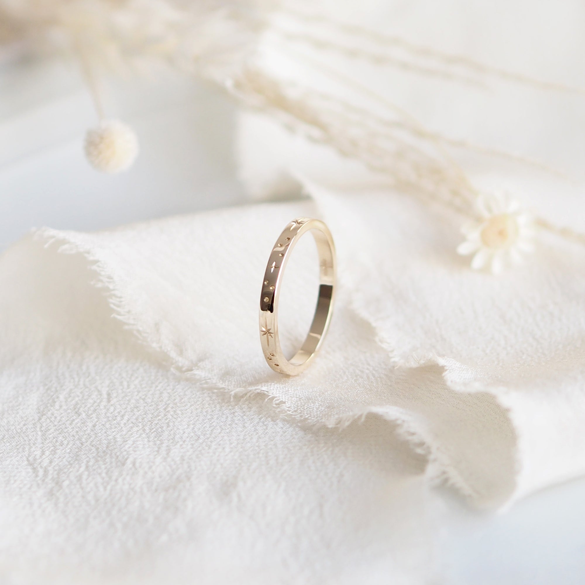 Star Engraved Flat Profile Ring Band in Solid Yellow Gold