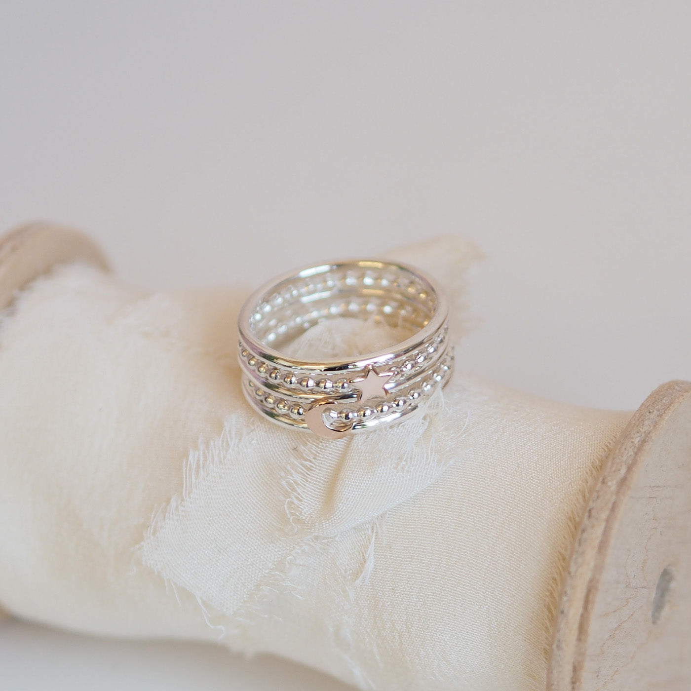 Sterling Silver &amp; 9 Carat Gold Moon and Star Stacking Ring Set