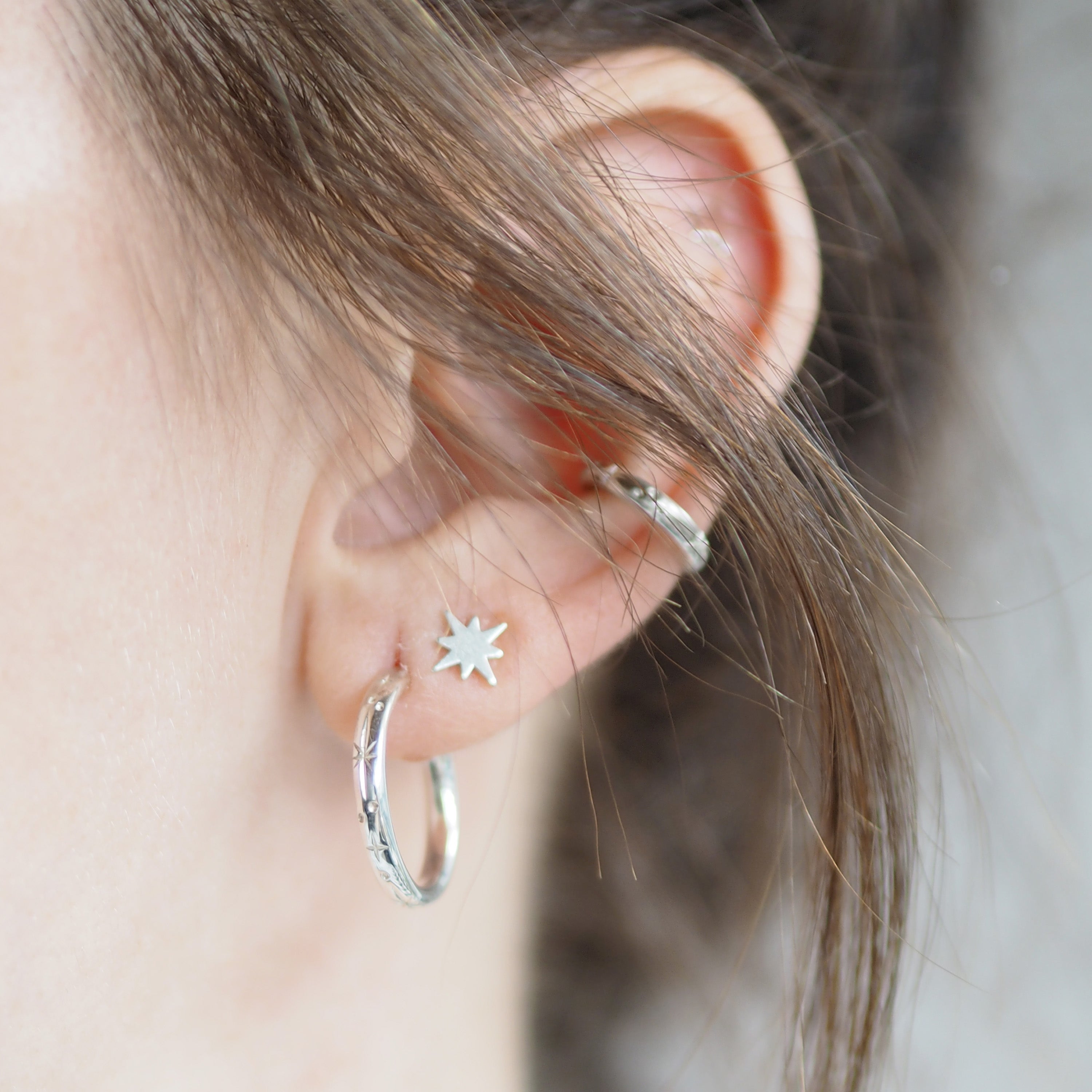 Medium Hand Engraved Star Hoop Earrings in Sterling Silver