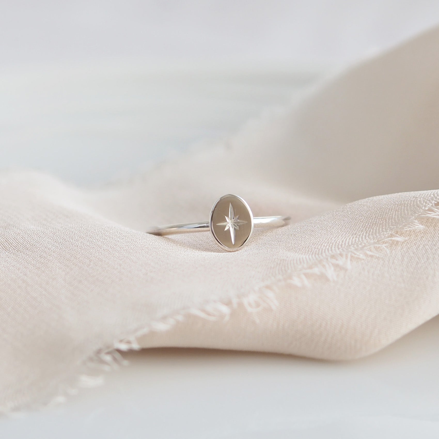 Engraved Oval Star Ring in Sterling Silver