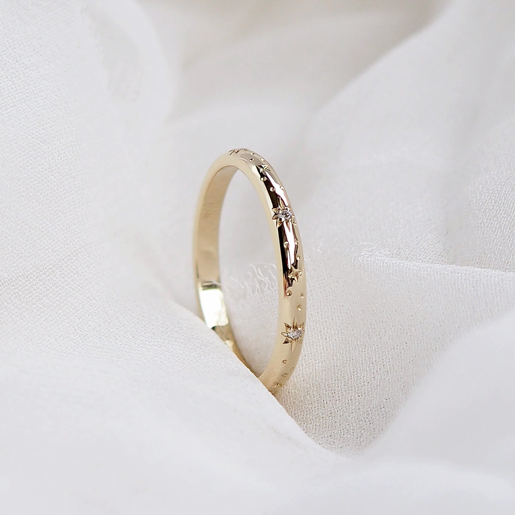 Celestial Engraved Diamond Ring Band in Solid Gold