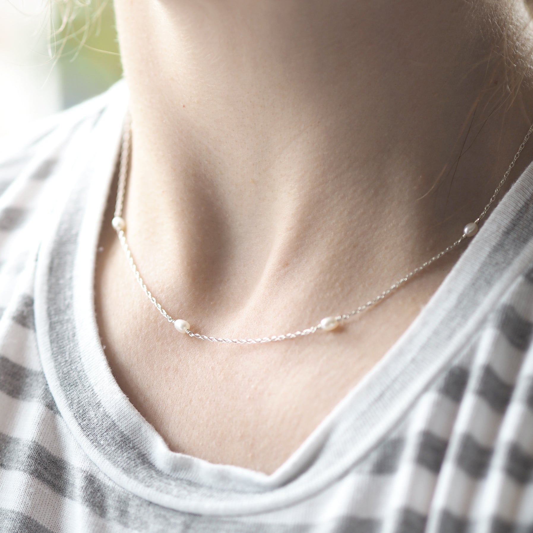 Dainty Pearl Choker Necklace in Sterling Silver