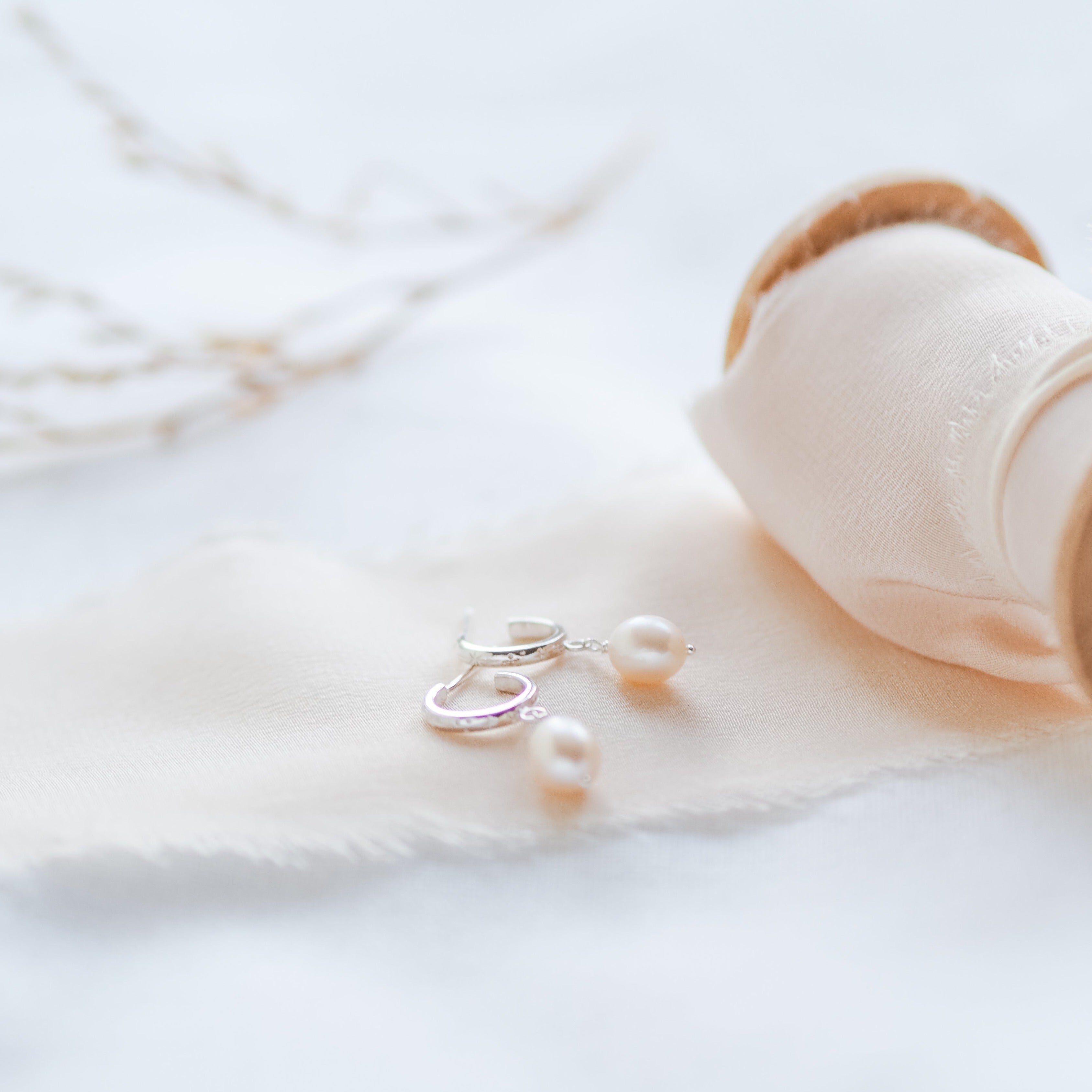 Hand Engraved Pearl Drop Hoop Earrings in Sterling Silver