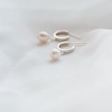 Hand Engraved Pearl Drop Hoop Earrings in Sterling Silver