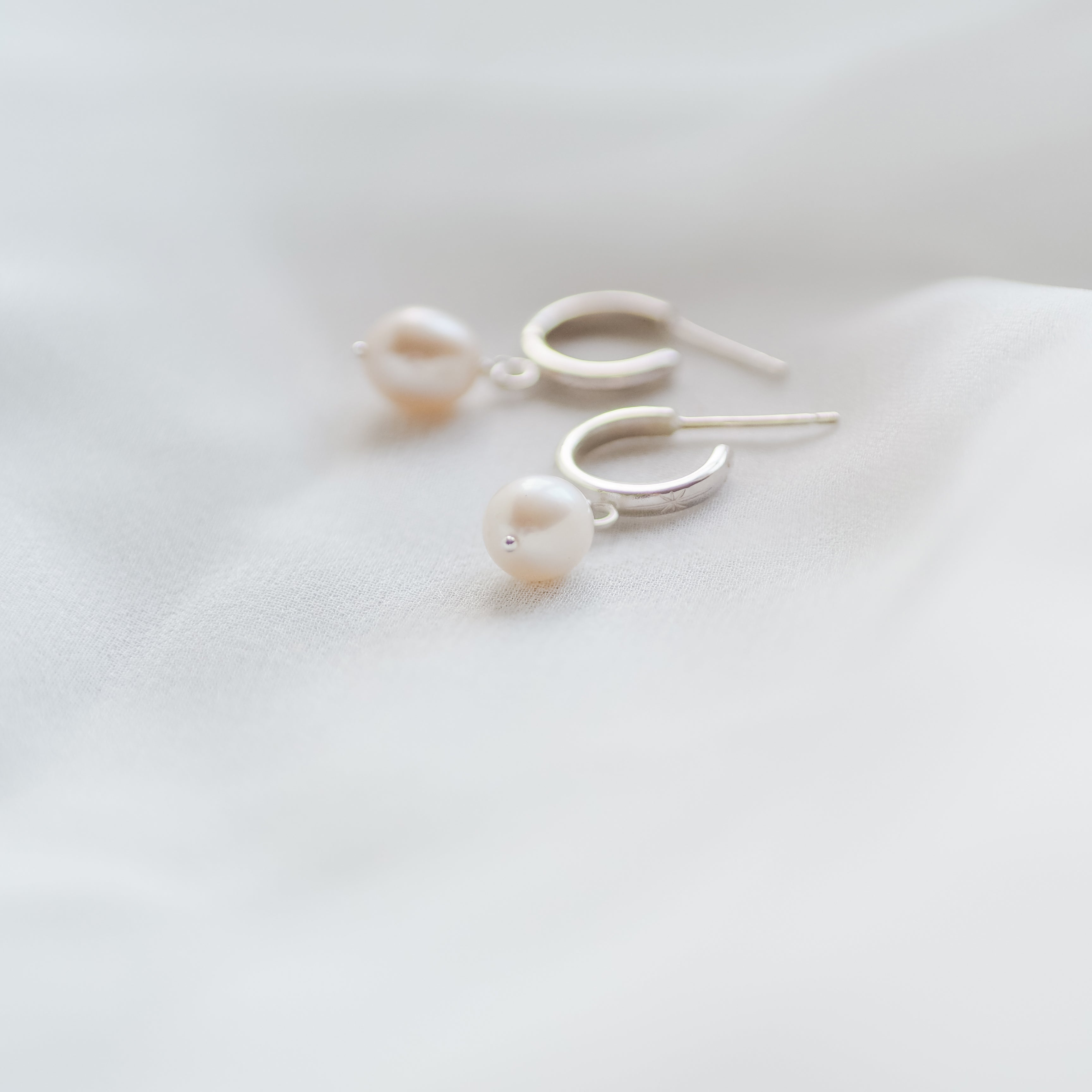 Hand Engraved Pearl Drop Hoop Earrings in Sterling Silver