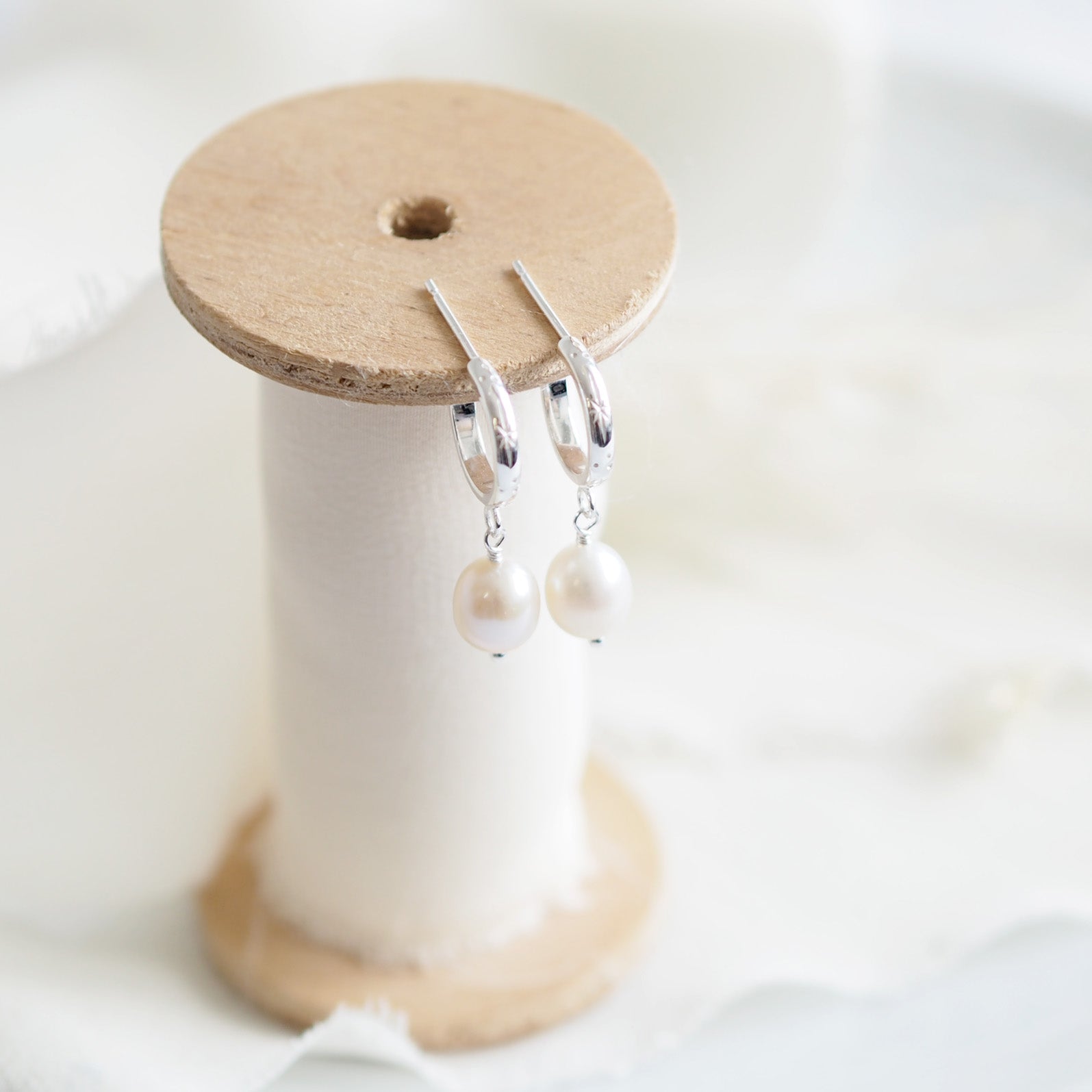 Hand Engraved Pearl Drop Hoop Earrings in Sterling Silver