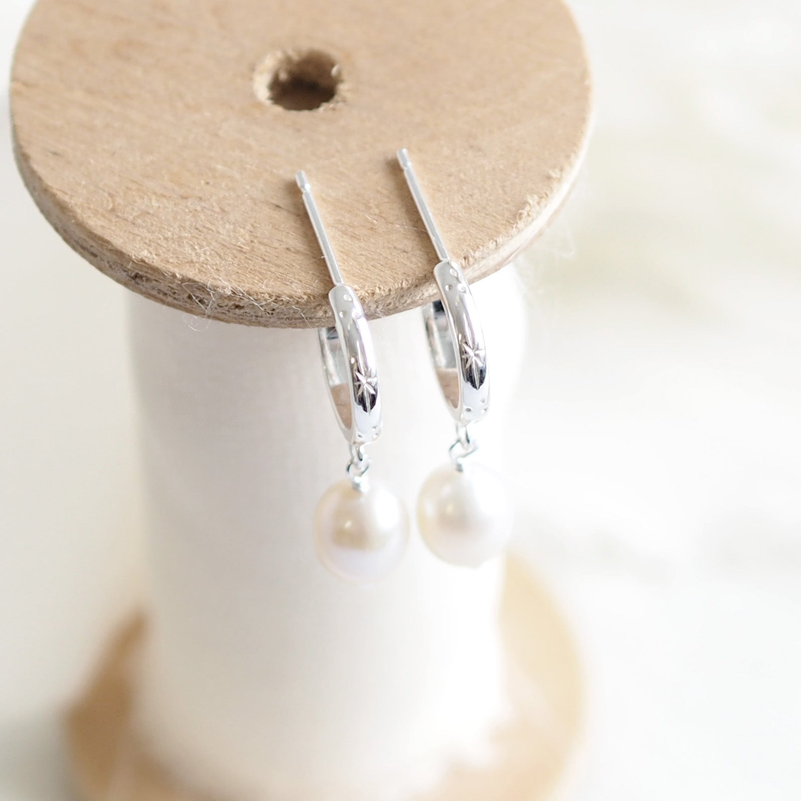 Hand Engraved Pearl Drop Hoop Earrings in Sterling Silver