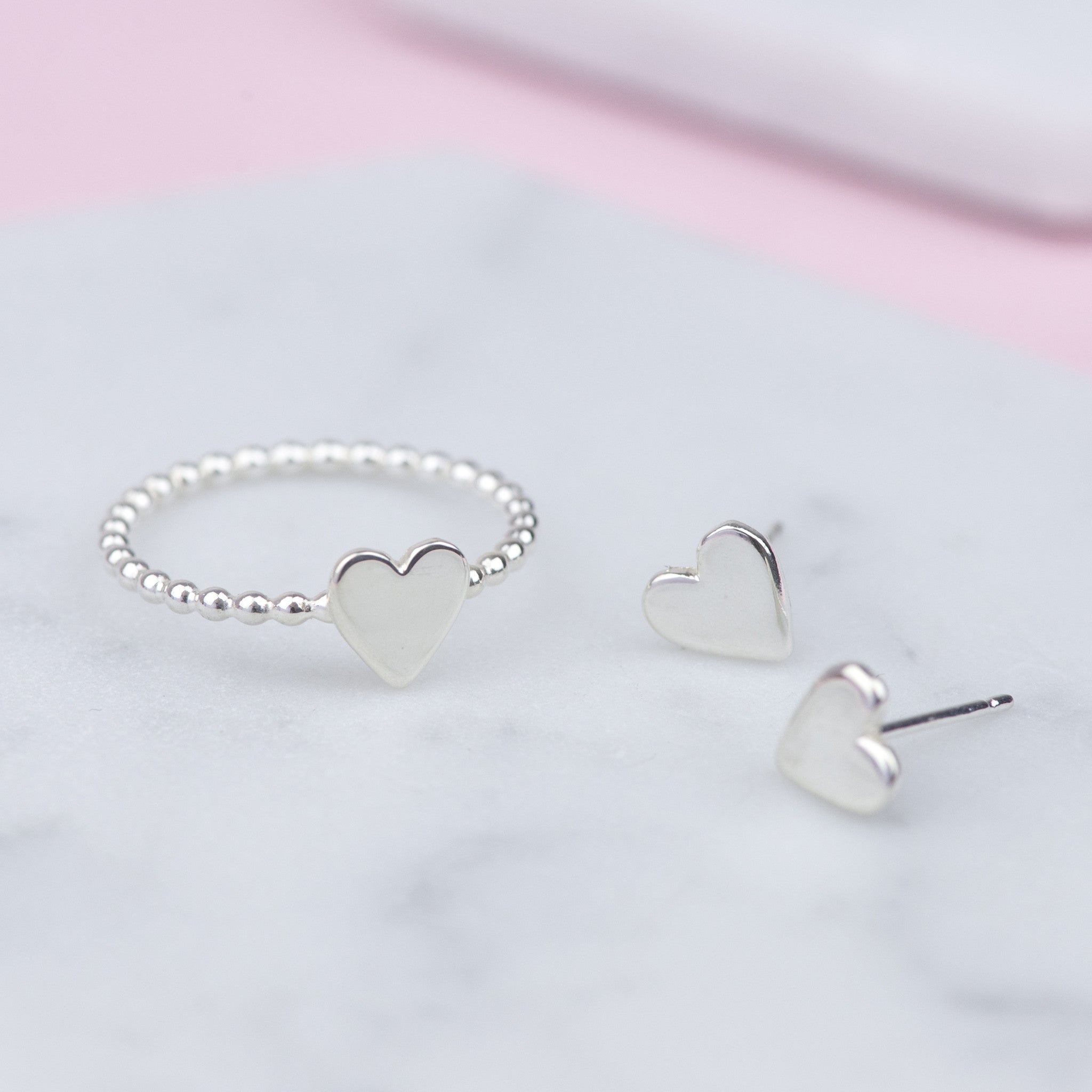 Sterling Silver Heart Stud Earrings and Ring