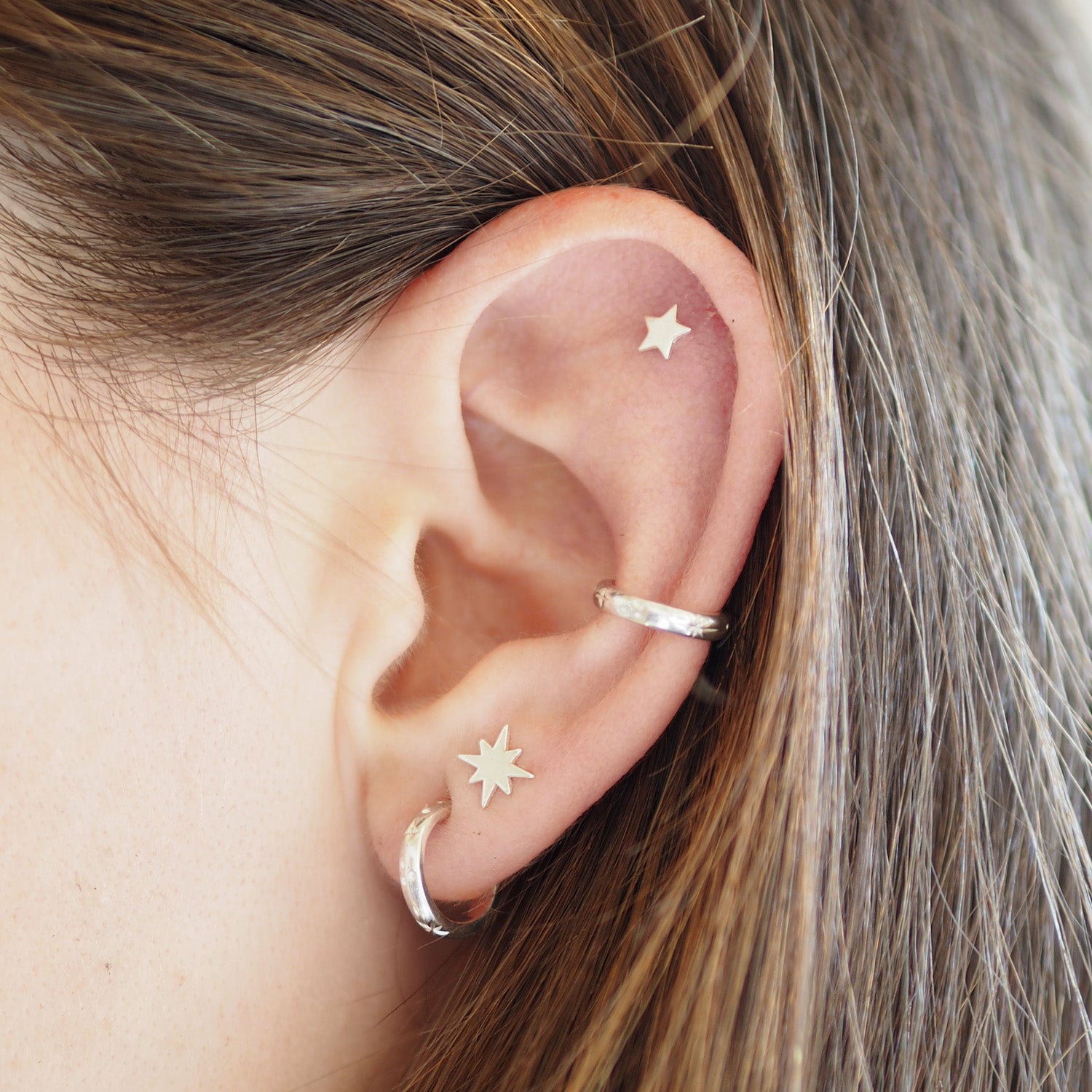 Hand Engraved Sterling Silver Star Ear Cuff