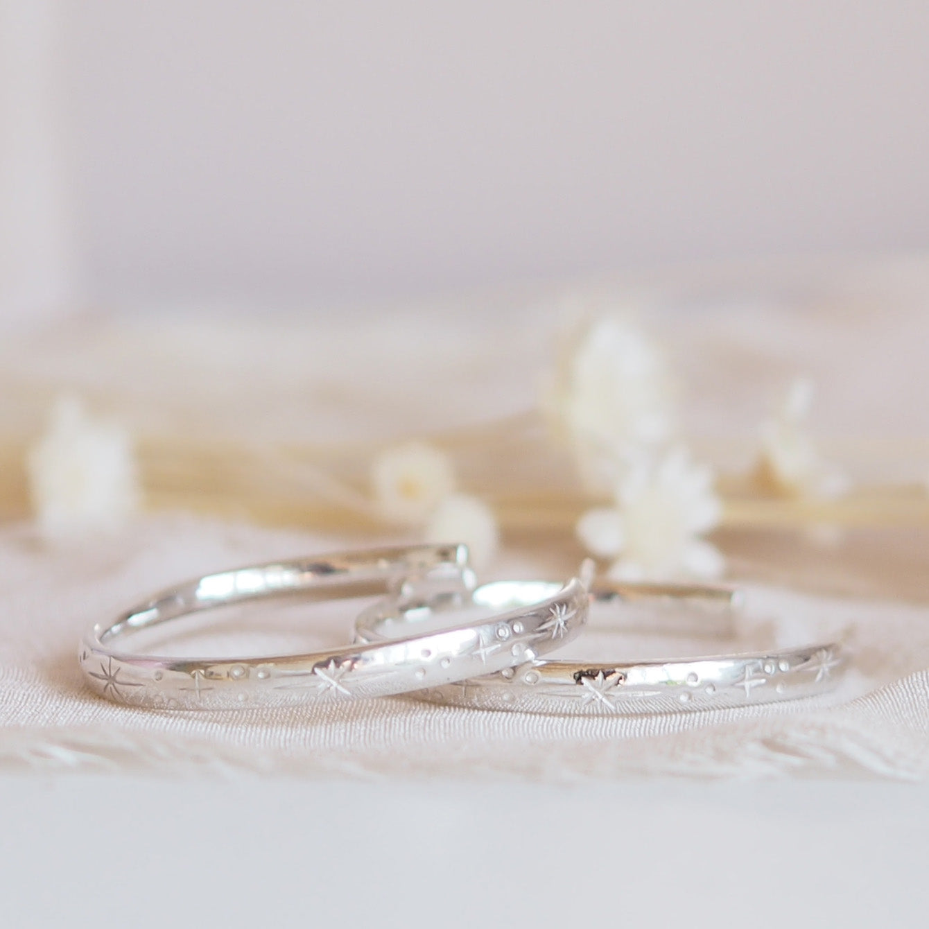 Large Hand Engraved Star Hoop Earrings in Sterling Silver