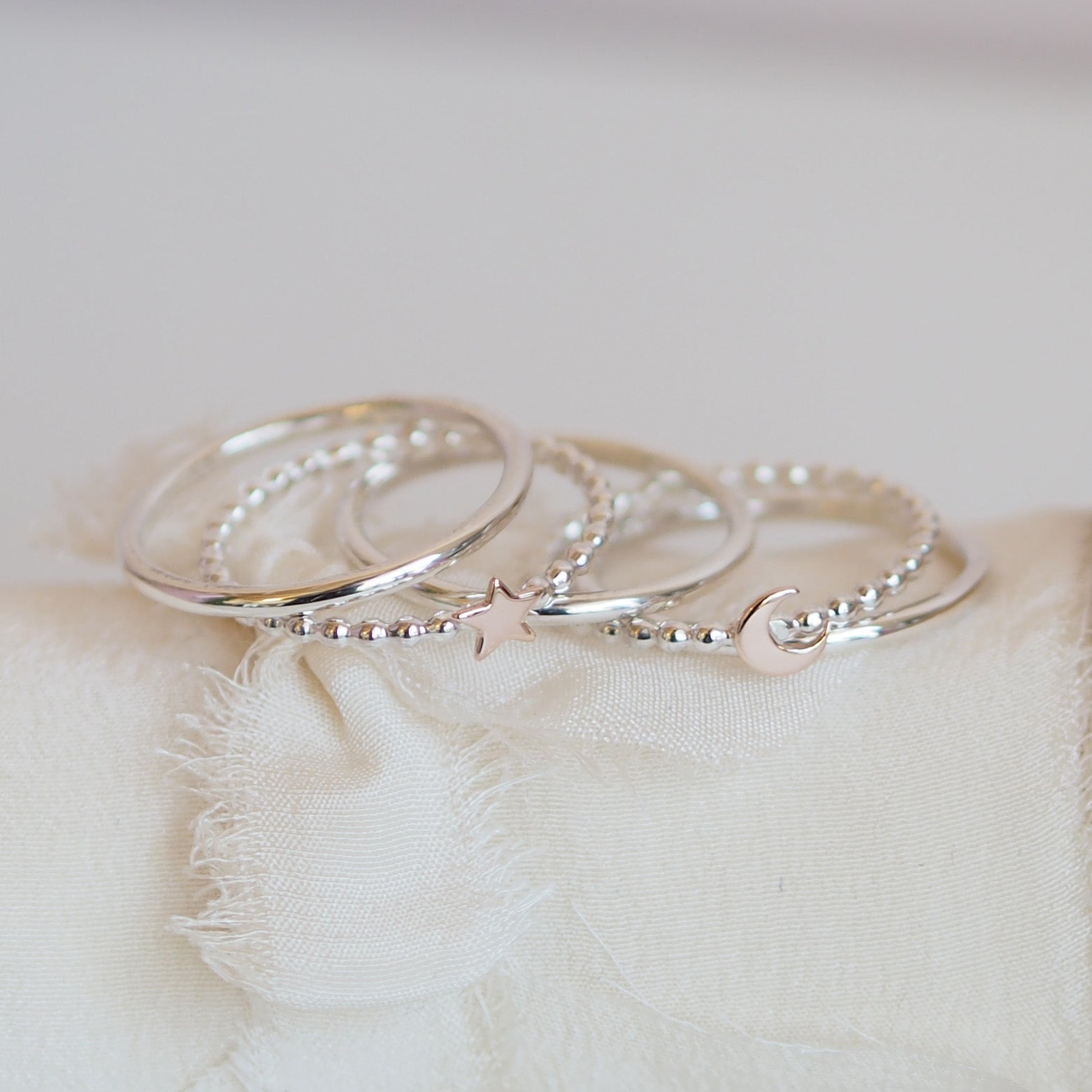 Sterling Silver &amp; 9 Carat Gold Moon and Star Stacking Ring Set