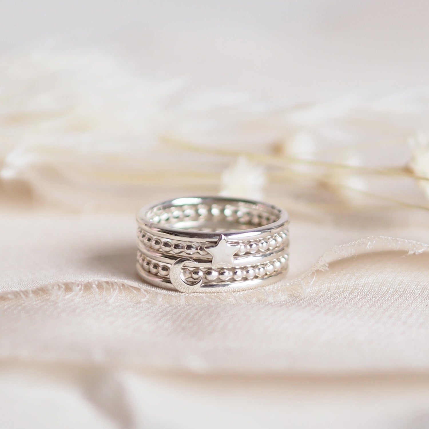 Moon and Star Stacking Ring Set in Sterling Silver