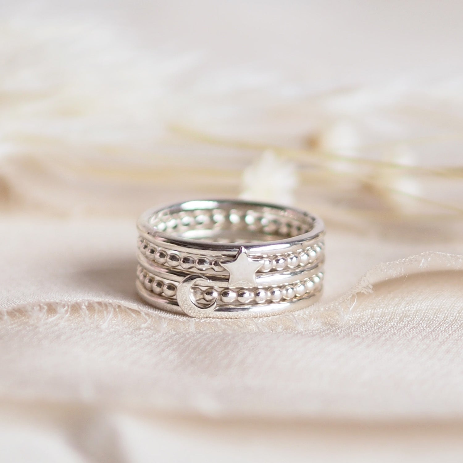 Moon and Star Stacking Ring Set in Sterling Silver