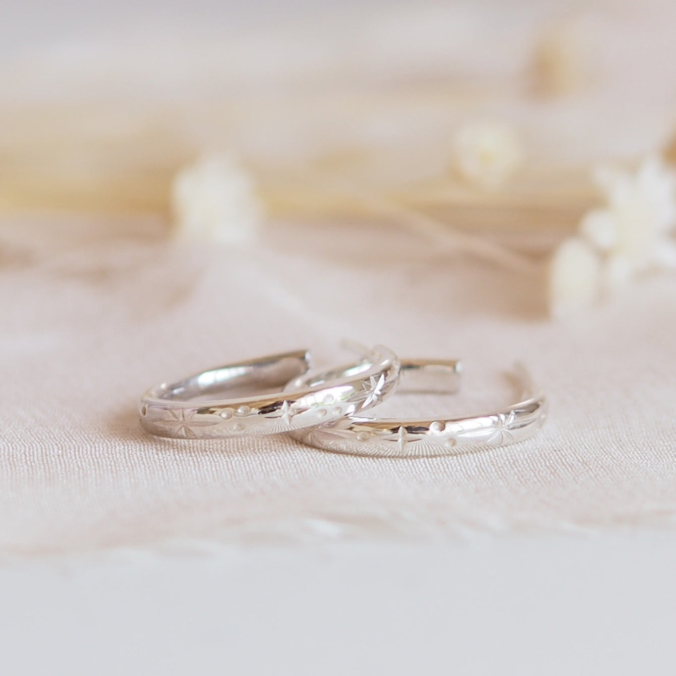 Medium Hand Engraved Star Hoop Earrings in Sterling Silver