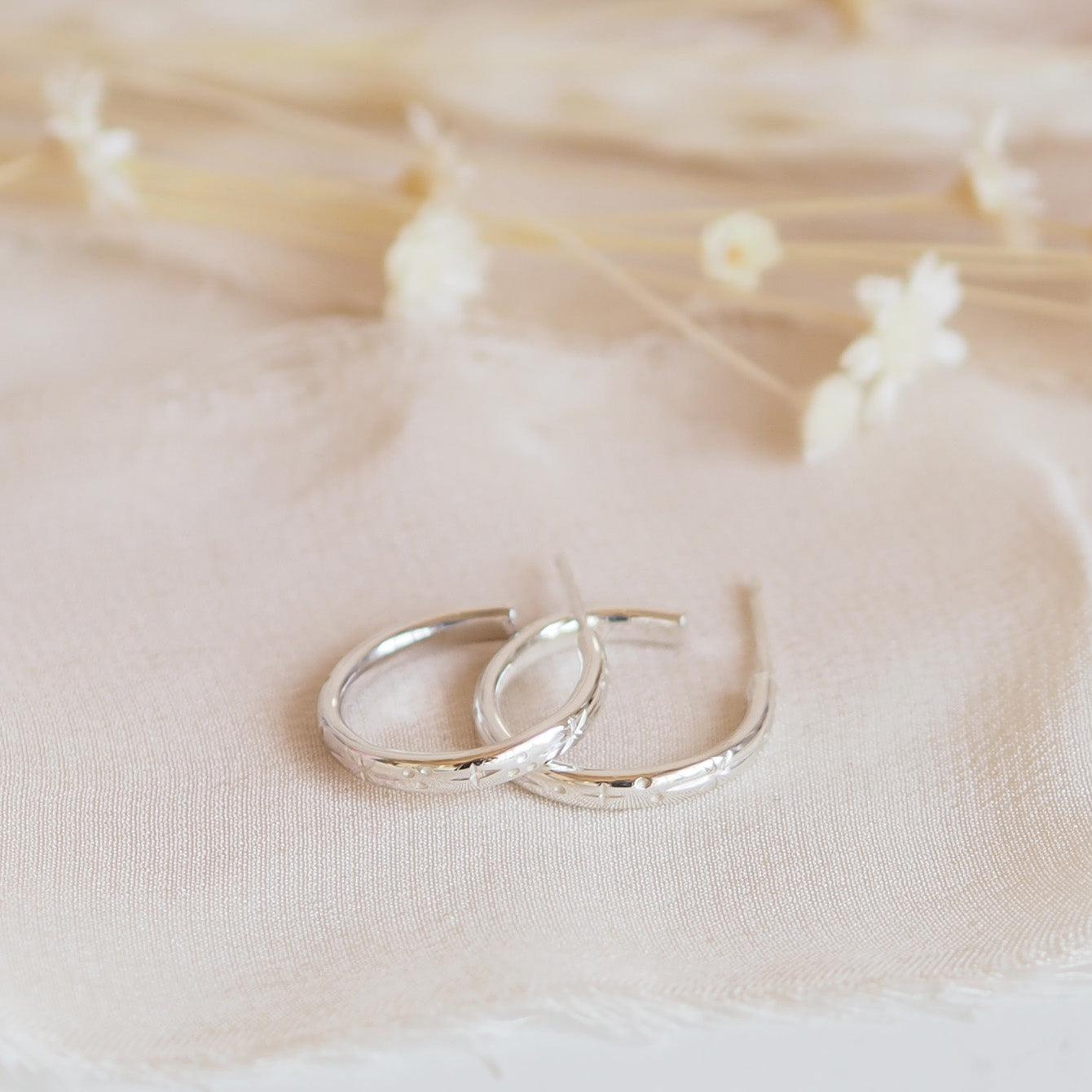 Medium Hand Engraved Star Hoop Earrings in Sterling Silver