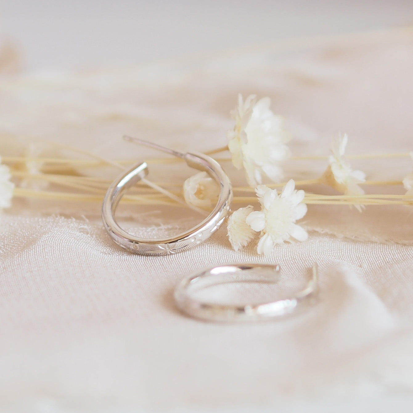 Medium Hand Engraved Star Hoop Earrings in Sterling Silver