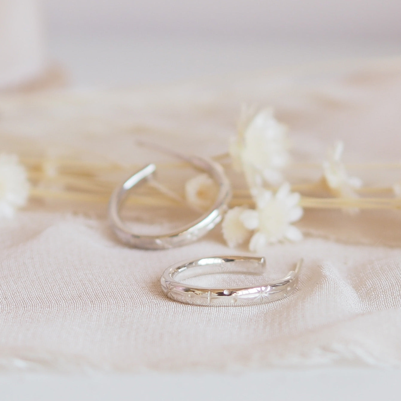 Medium Hand Engraved Star Hoop Earrings in Sterling Silver