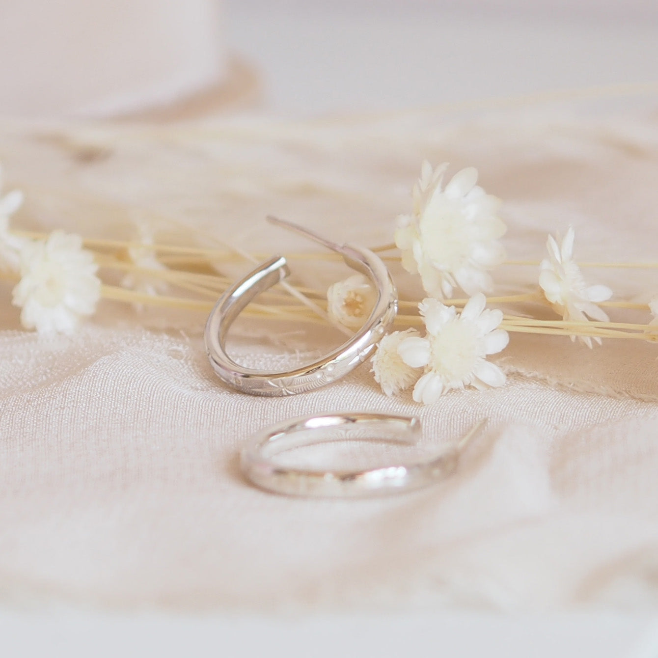 Medium Hand Engraved Star Hoop Earrings in Sterling Silver