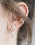 Medium Hand Engraved Star Hoop Earrings in Sterling Silver