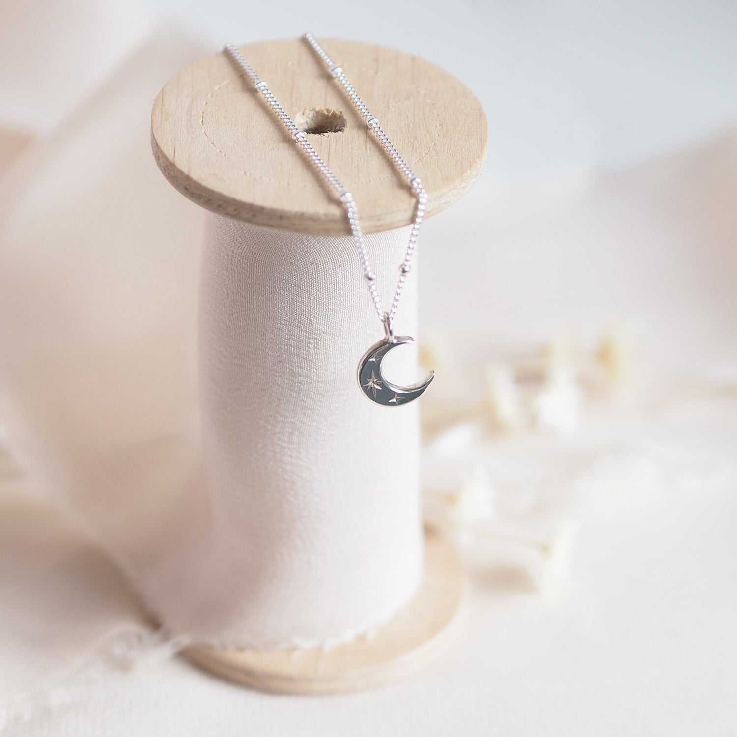Crescent Moon Satellite Necklace in Sterling Silver