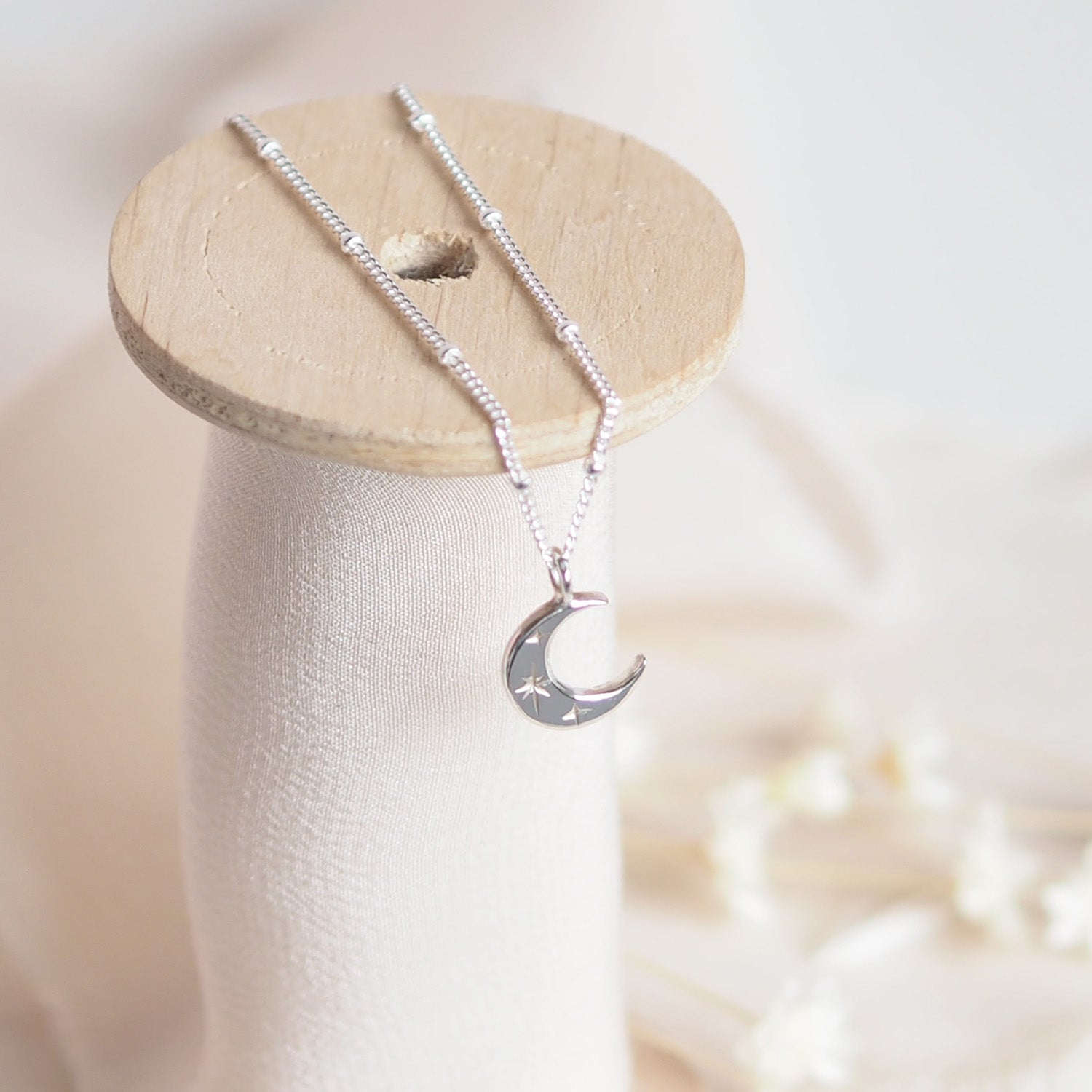 Crescent Moon Satellite Necklace in Sterling Silver