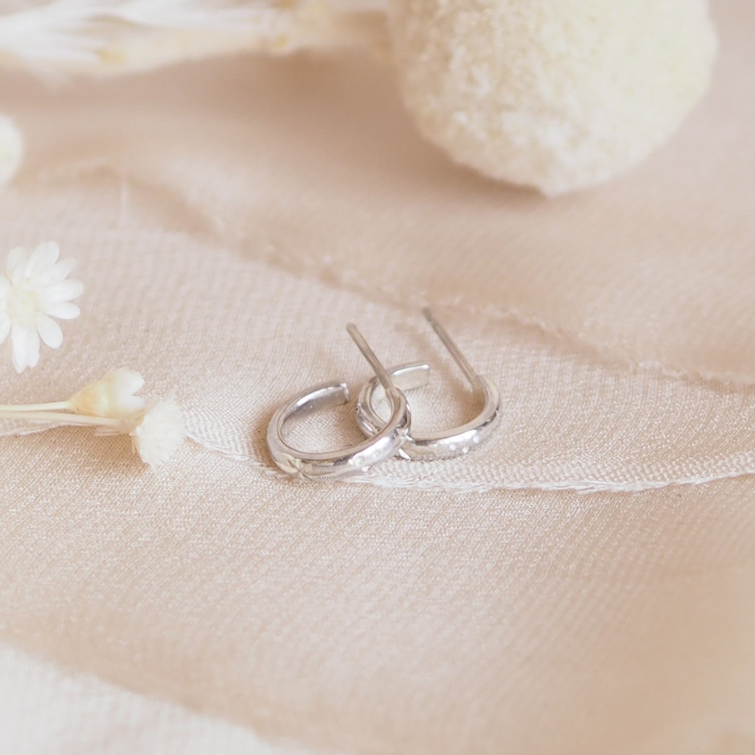 Hand Engraved Star Huggie Hoop Earrings in Sterling Silver