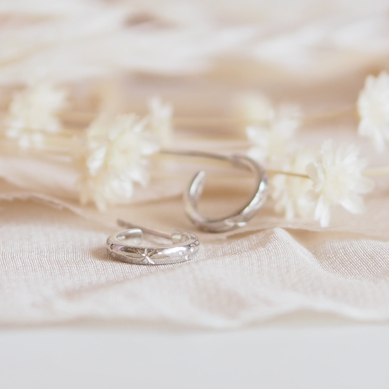 Hand Engraved Star Huggie Hoop Earrings in Sterling Silver