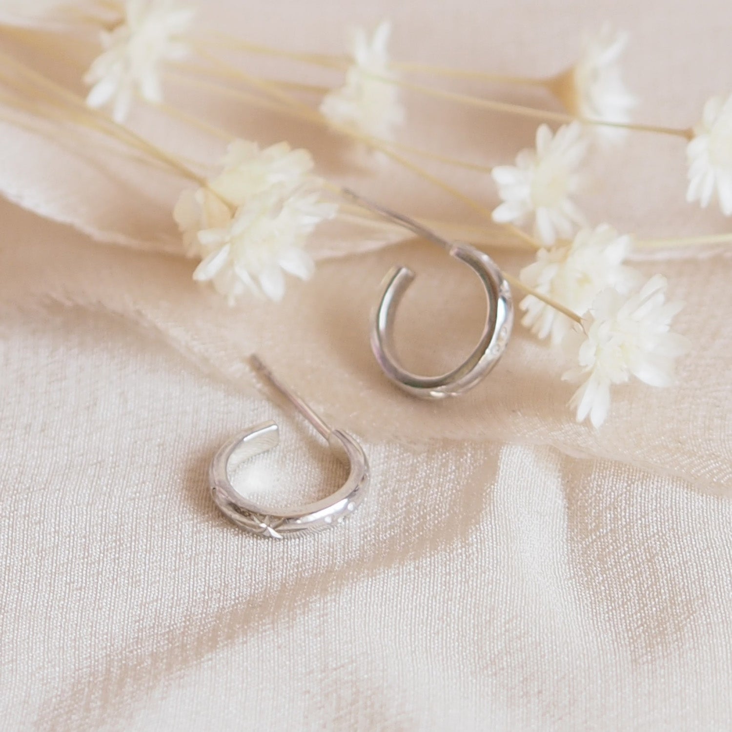 Hand Engraved Star Huggie Hoop Earrings in Sterling Silver